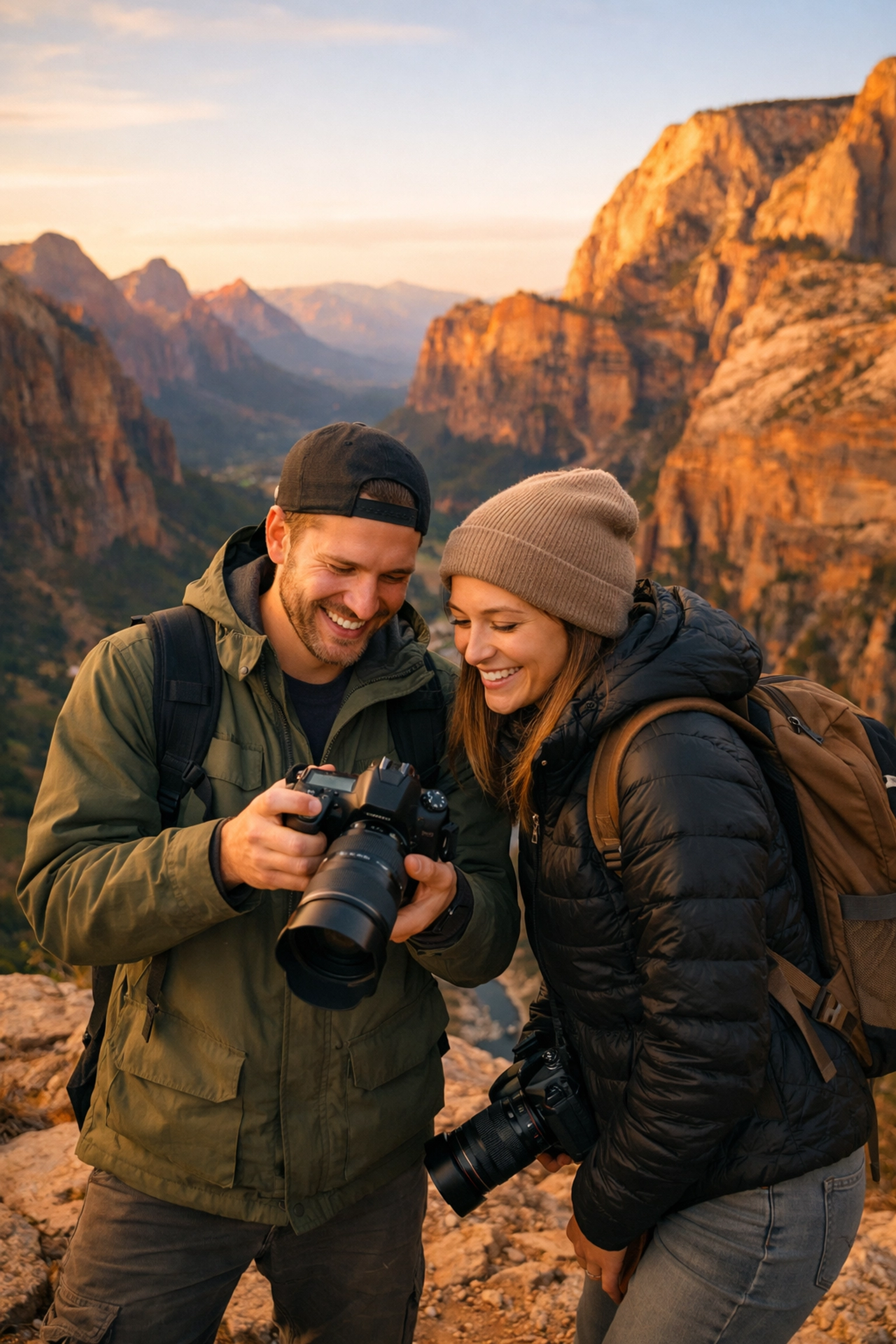 Two photographers sharing insights at a National Park viewpoint during the golden hour.