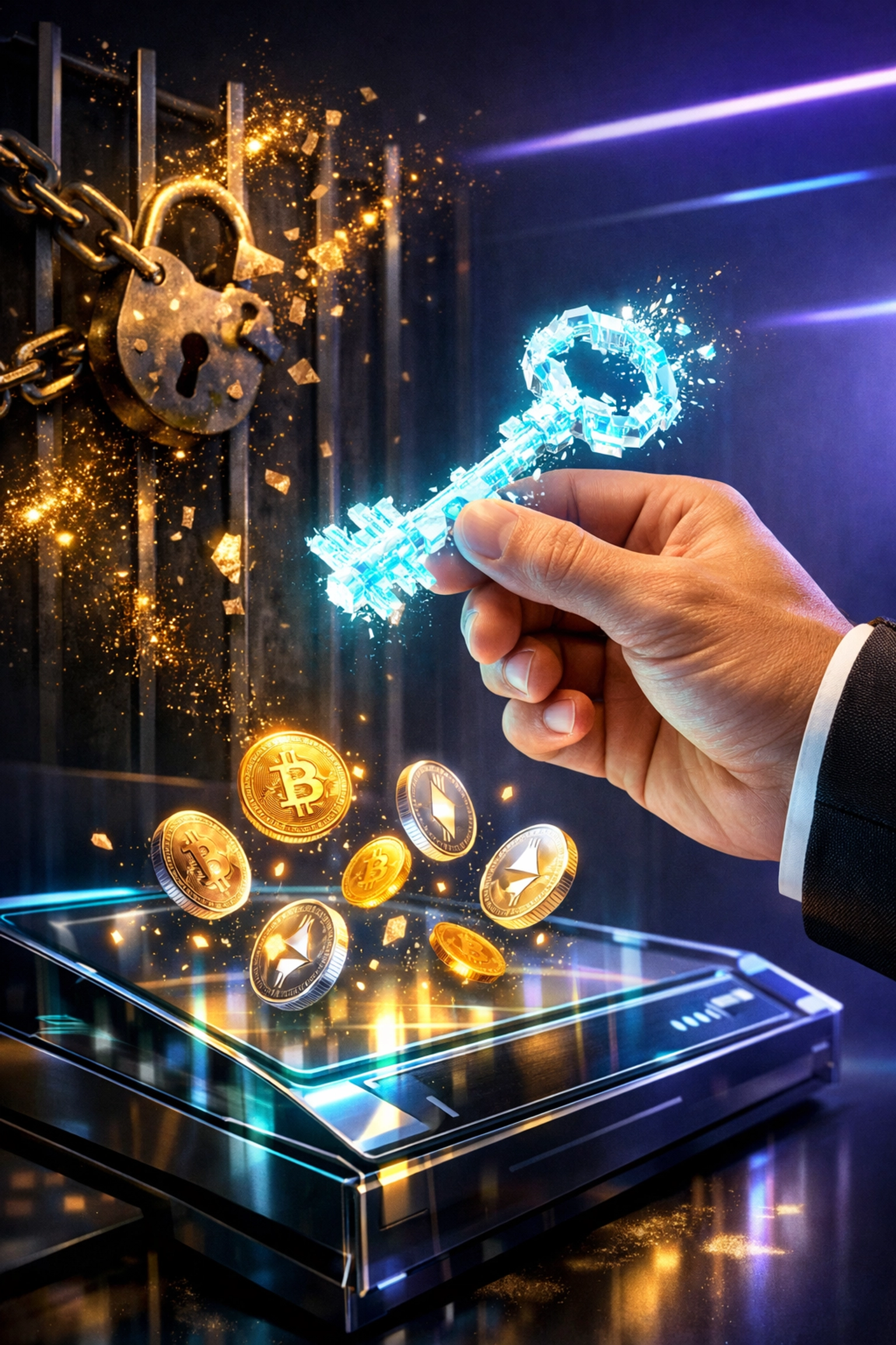 A merchant unlocking financial sovereignty with a digital key, representing Larecoin self-custody payments.