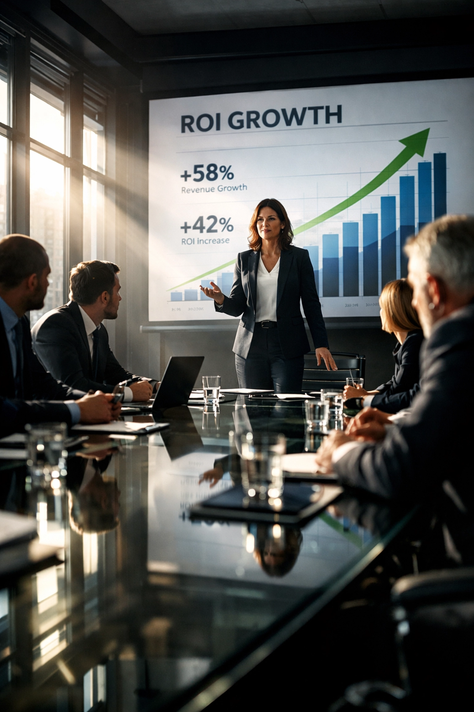 CMO presenting Super Bowl ROI metrics to executives in modern boardroom with data charts