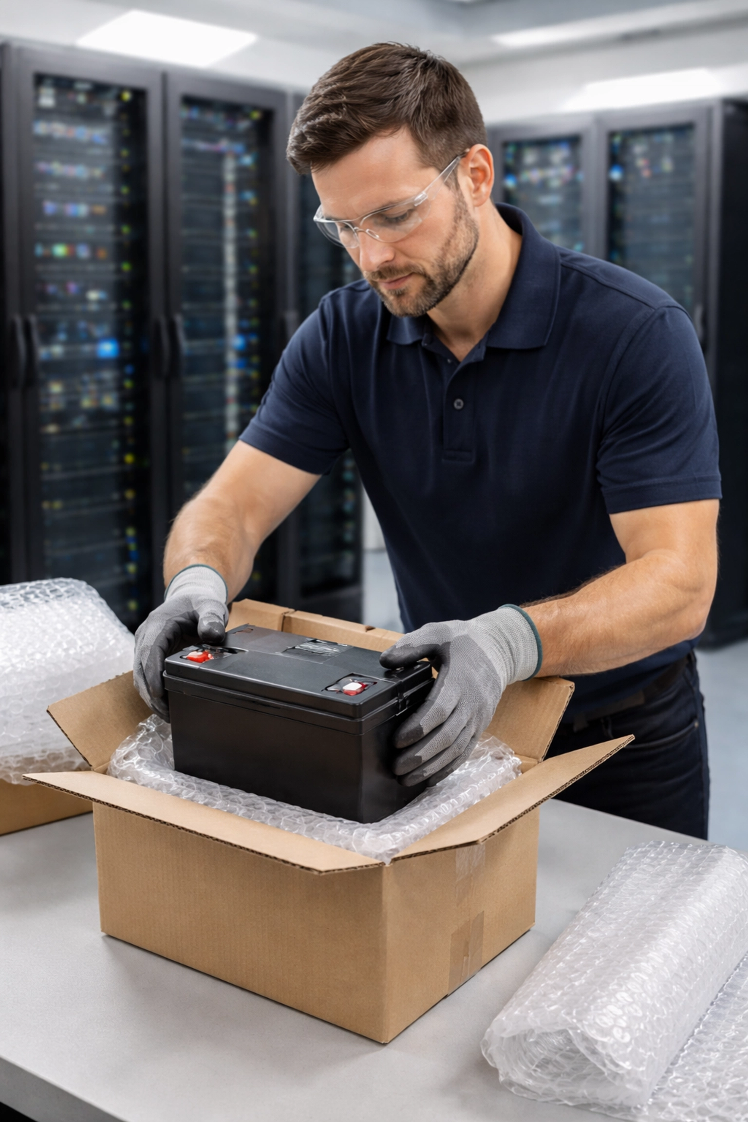 Data center technician safely packaging a UPS battery for recycling in a server room
