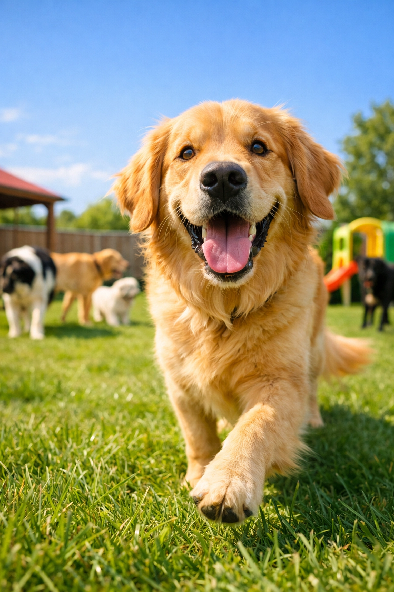 Happy golden retriever enjoying outdoor playtime at a Portland dog resort, showcasing canine emotional well-being