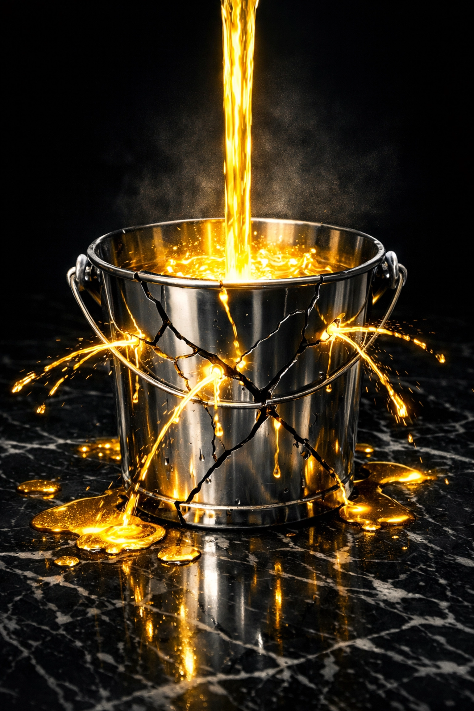 Leaking bucket losing gold liquid illustrating marketing spend waste on a low-converting website.