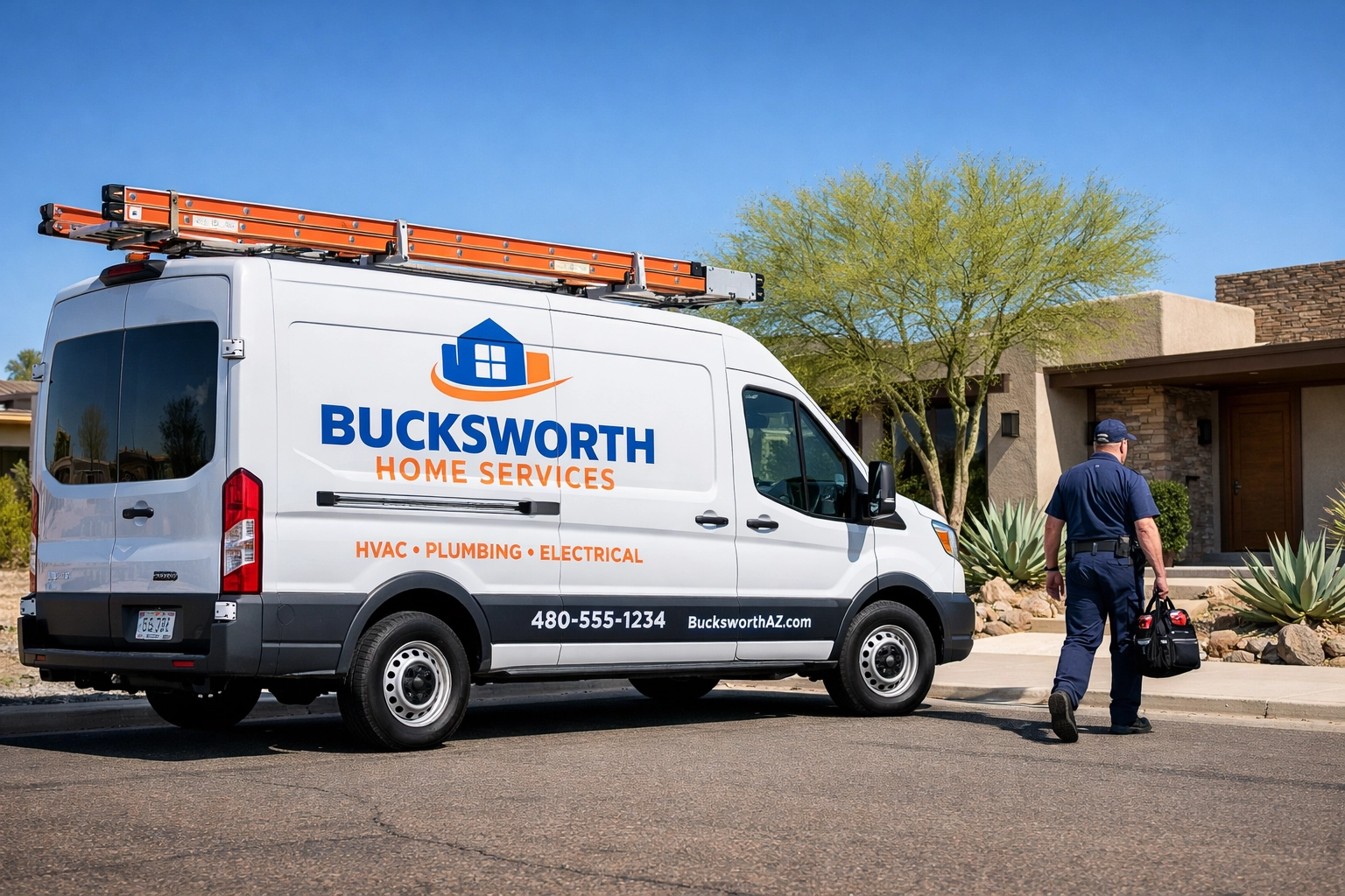 Bucksworth Home Services technician arriving at a Tempe home for professional AC maintenance and inspection.