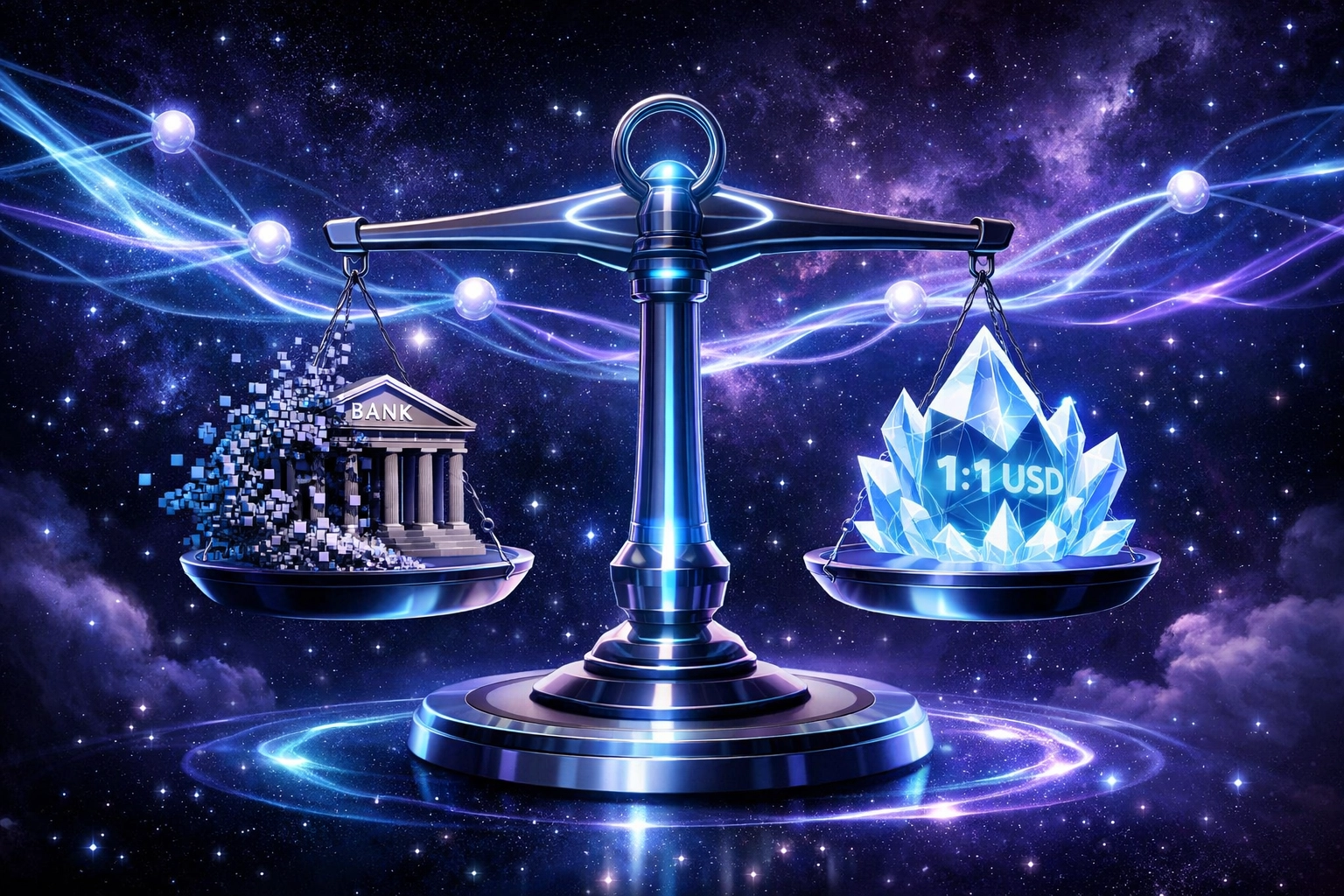 LUSD stablecoin balanced against traditional banking showing cryptocurrency payment stability