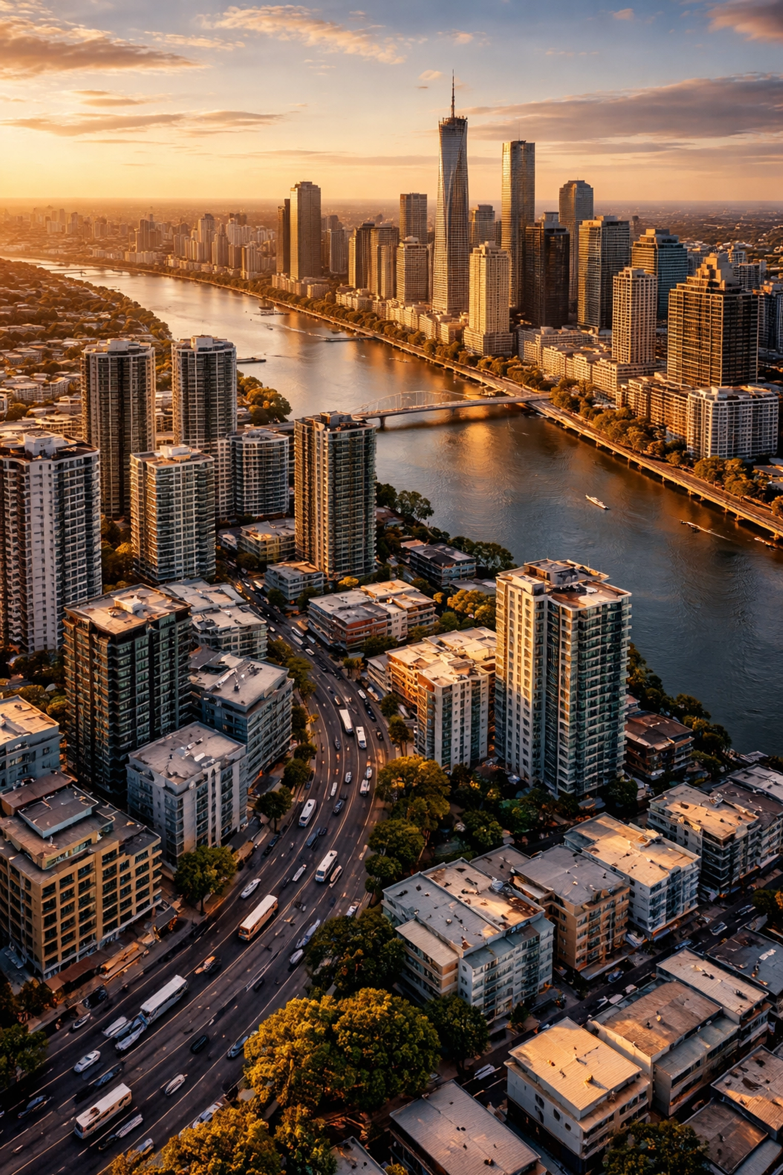 Aerial view of Brisbane city skyline at sunset, showing key suburbs where removalist services are in high demand.