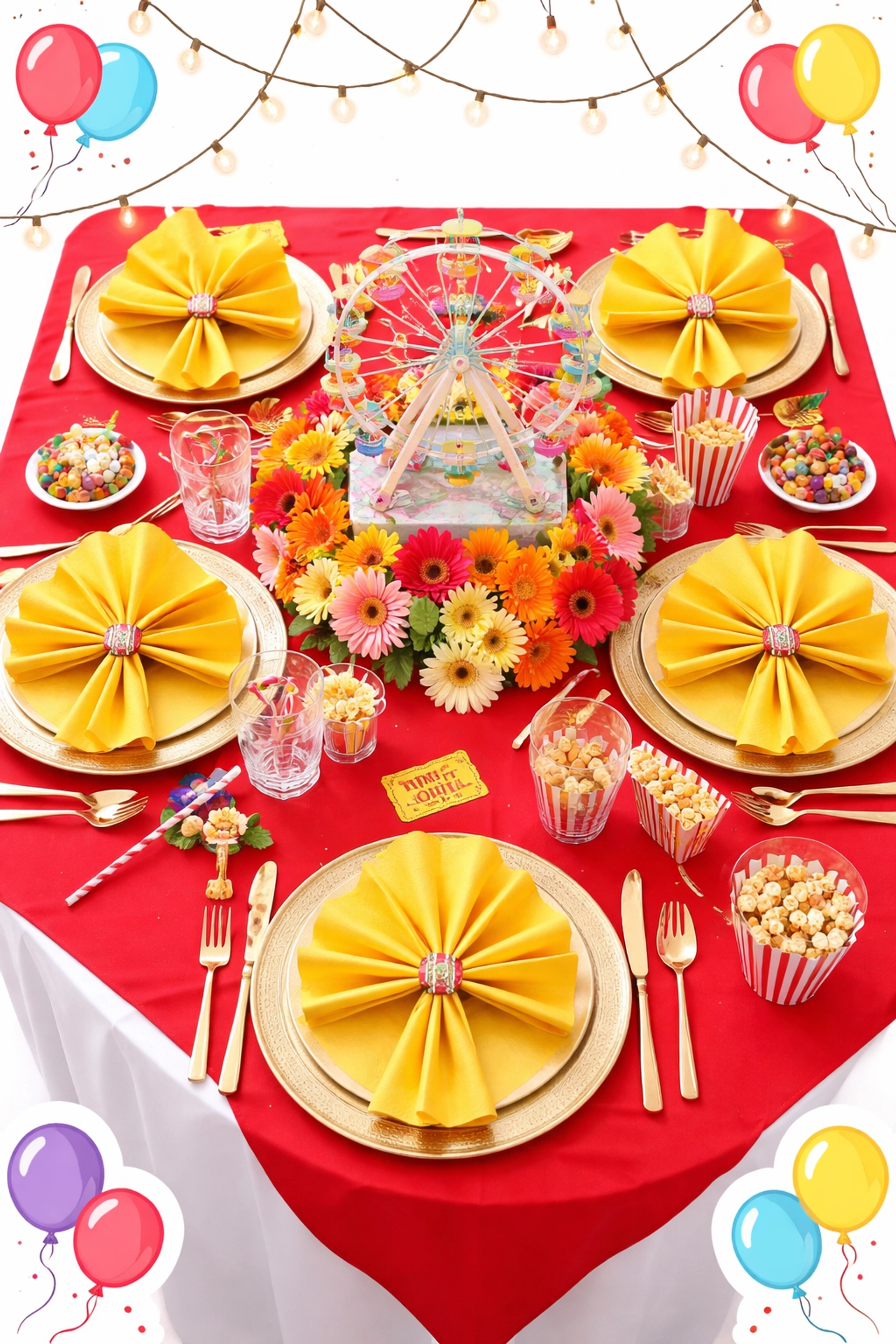 Carnival-themed event table setup with red linens, gold plates, Ferris wheel centerpiece, and bright decor