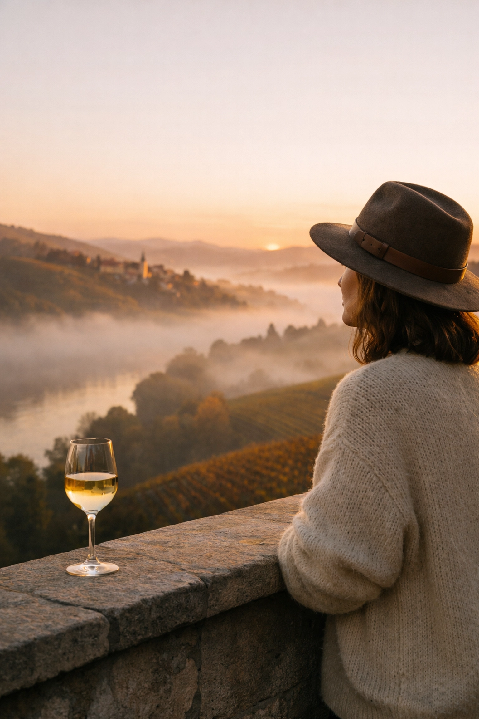A luxury traveler overlooks a misty European wine valley at sunrise during a curated autumn escape.