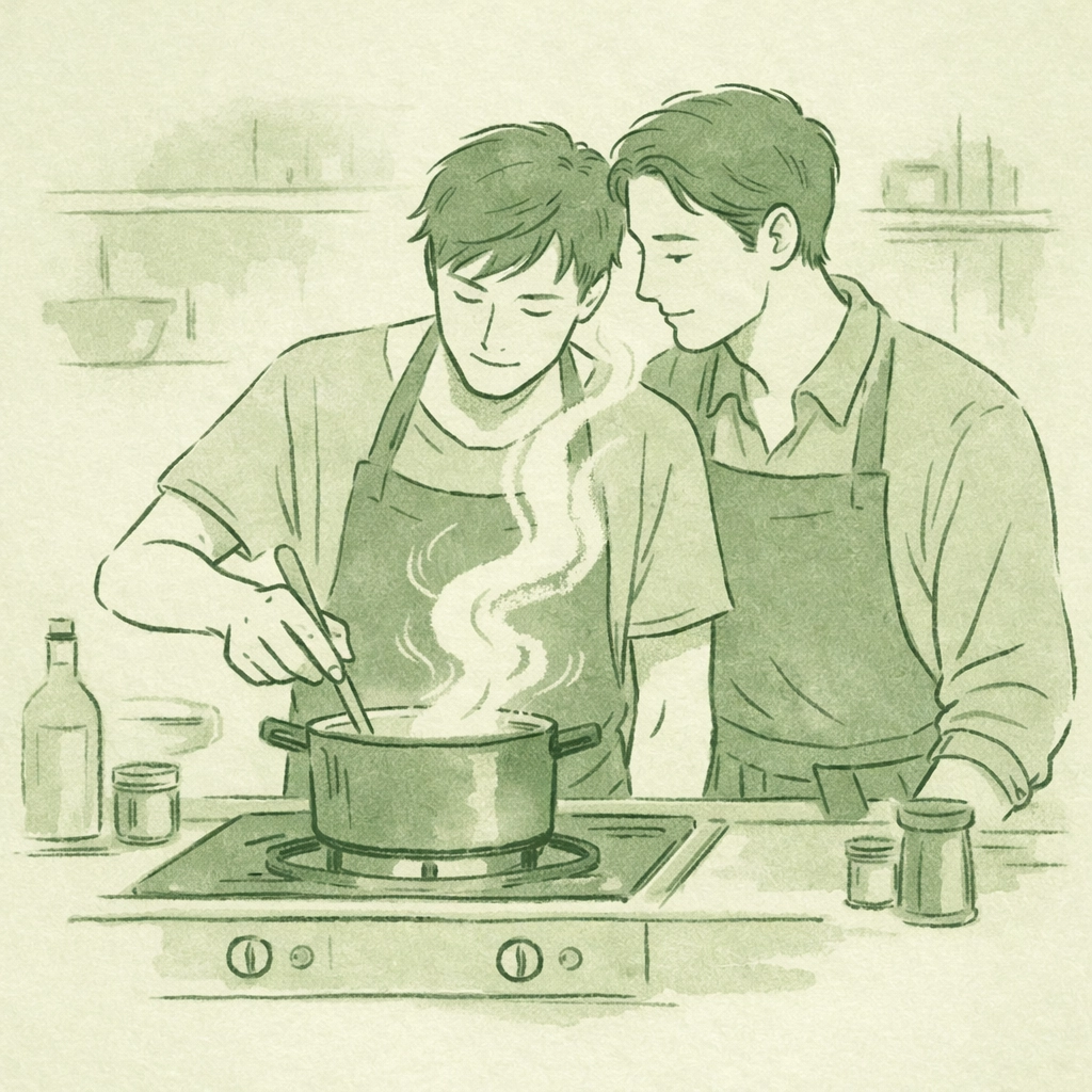 Two men cooking together at stove in emotional MM contemporary romance