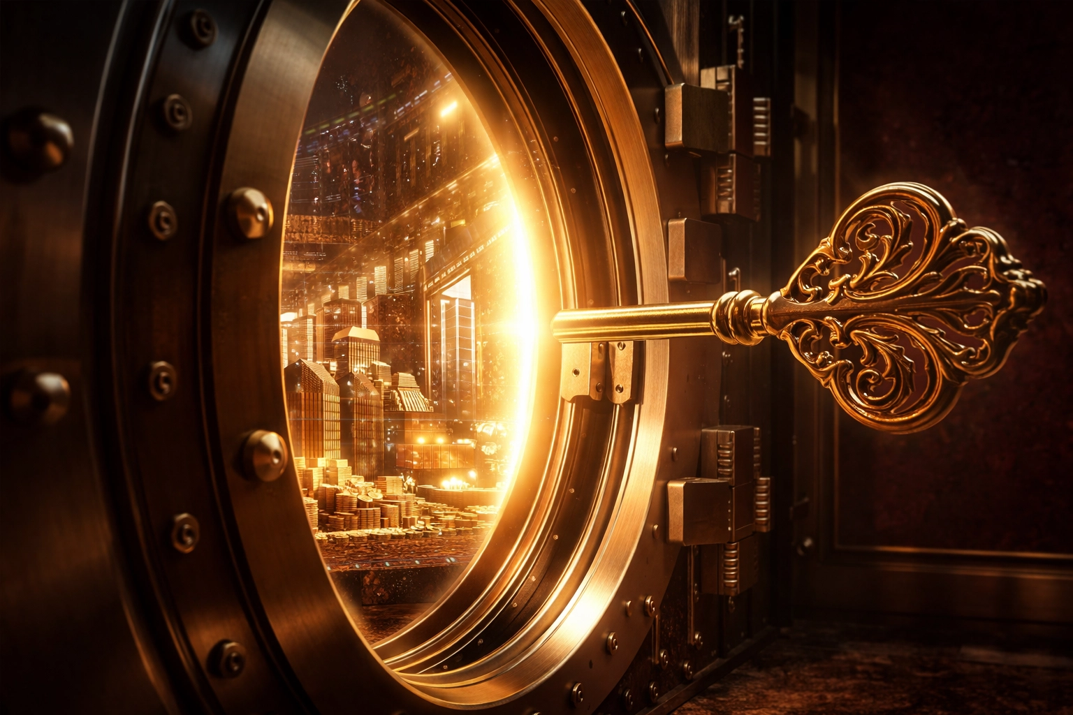 Golden key unlocking a vault filled with diverse assets, symbolizing accredited investor access to institutional-grade alternative investments.