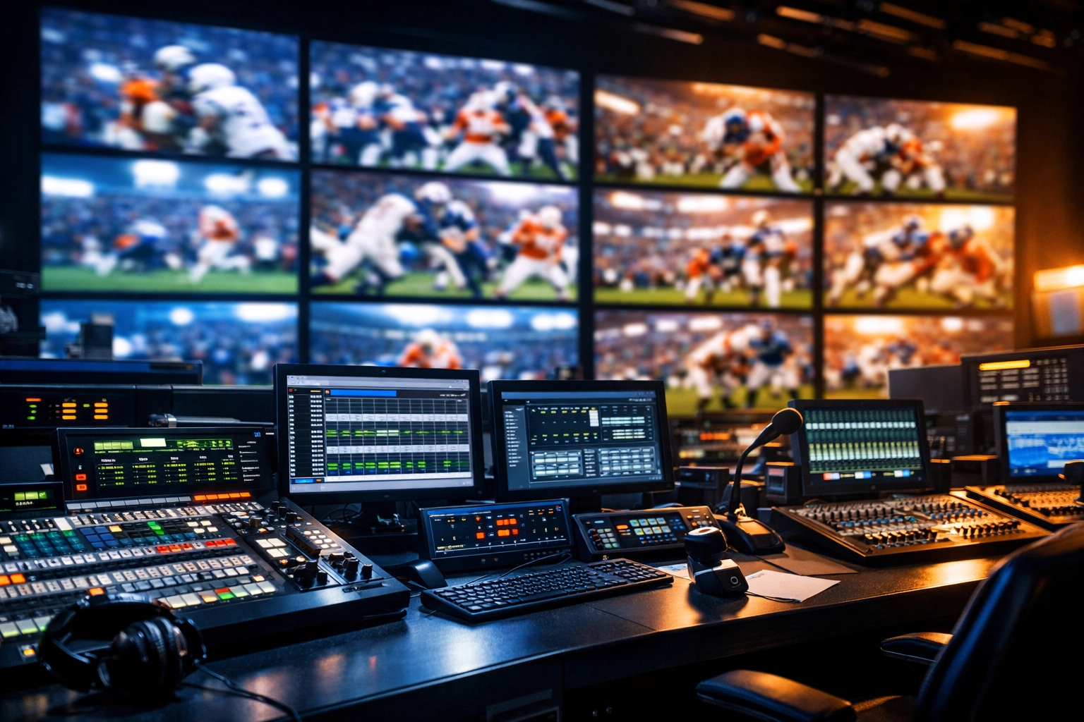 Modern sports broadcasting control room showcasing 40 years of football media evolution.