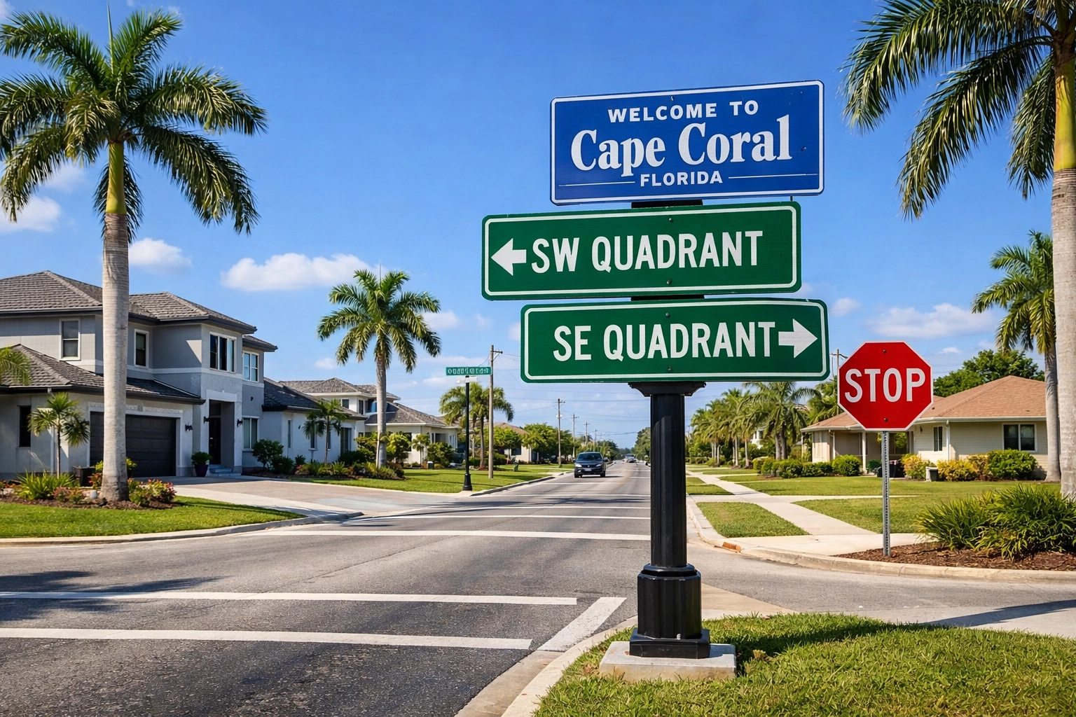 Cape Coral neighborhood street showing different quadrants and housing styles