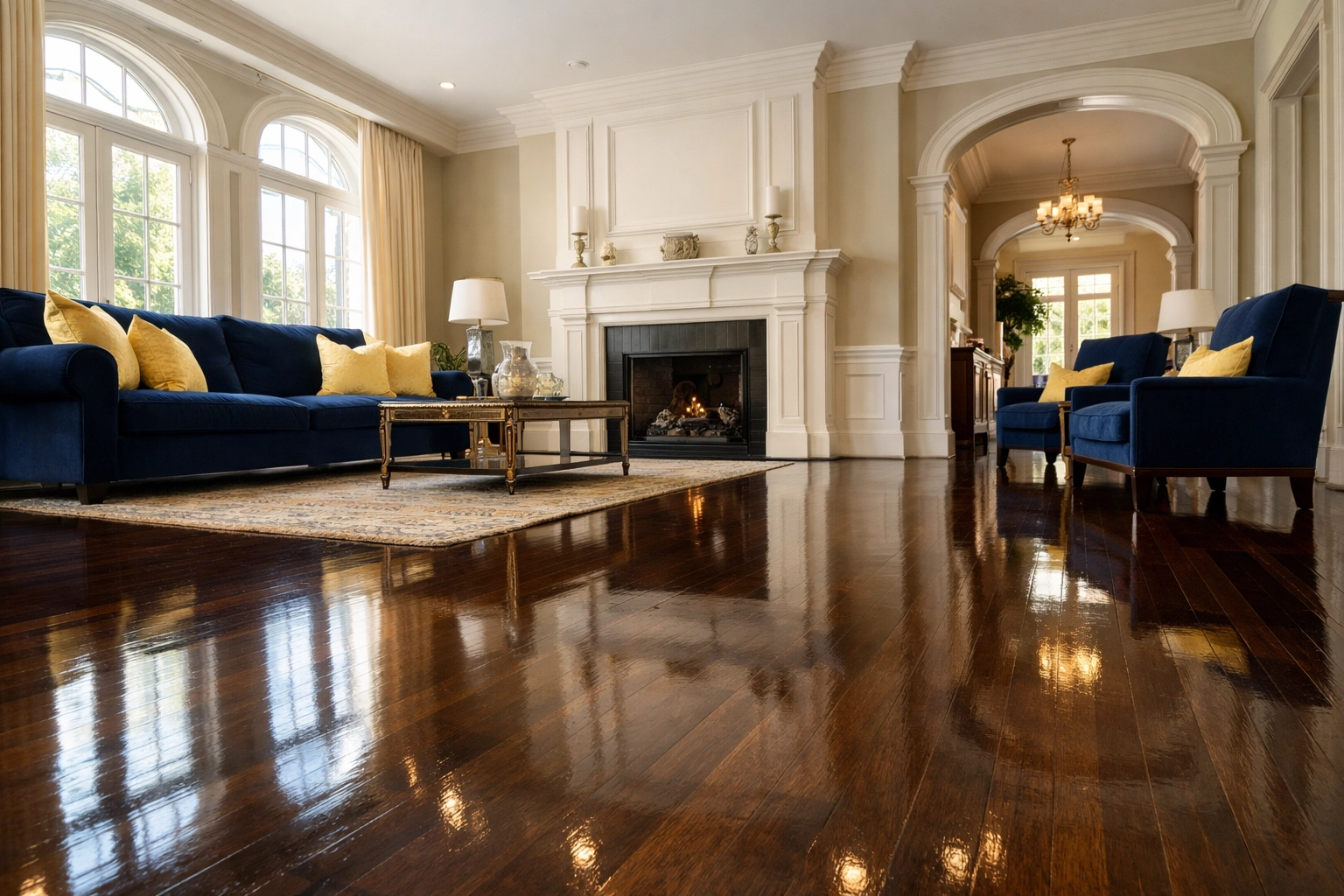 Luxury living room with polished floors after professional house cleaning Southborough MA