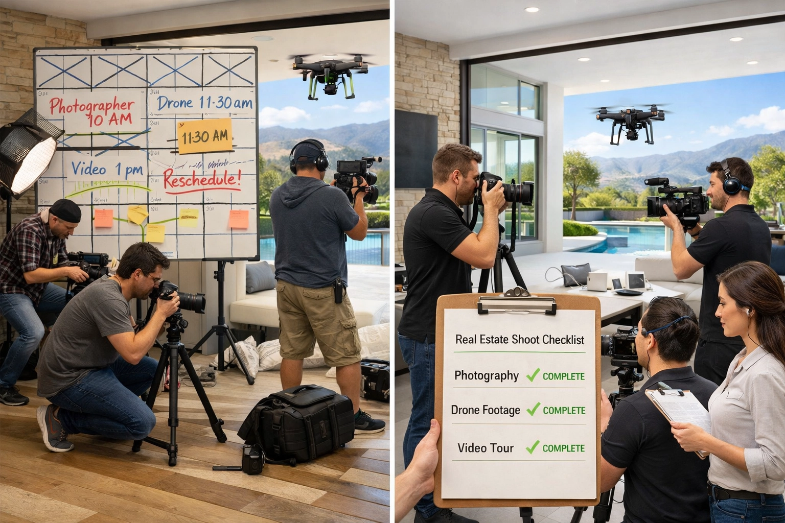 Comparison of chaotic multi-vendor workflow versus streamlined one-team real estate media approach