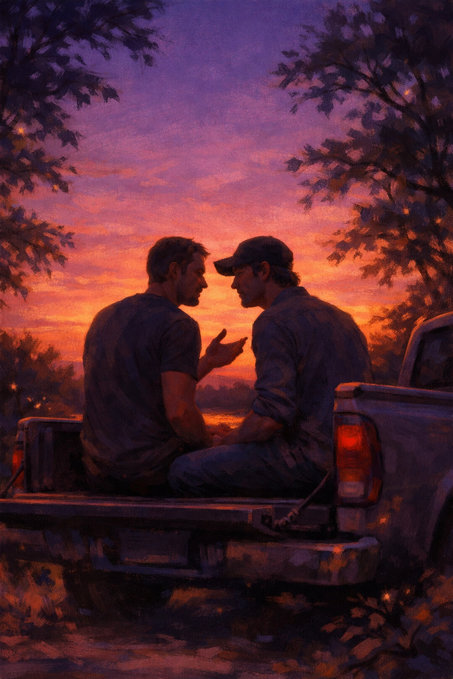 Gay couple Tyler and Marcus share intimate moment on truck tailgate in Southern love story