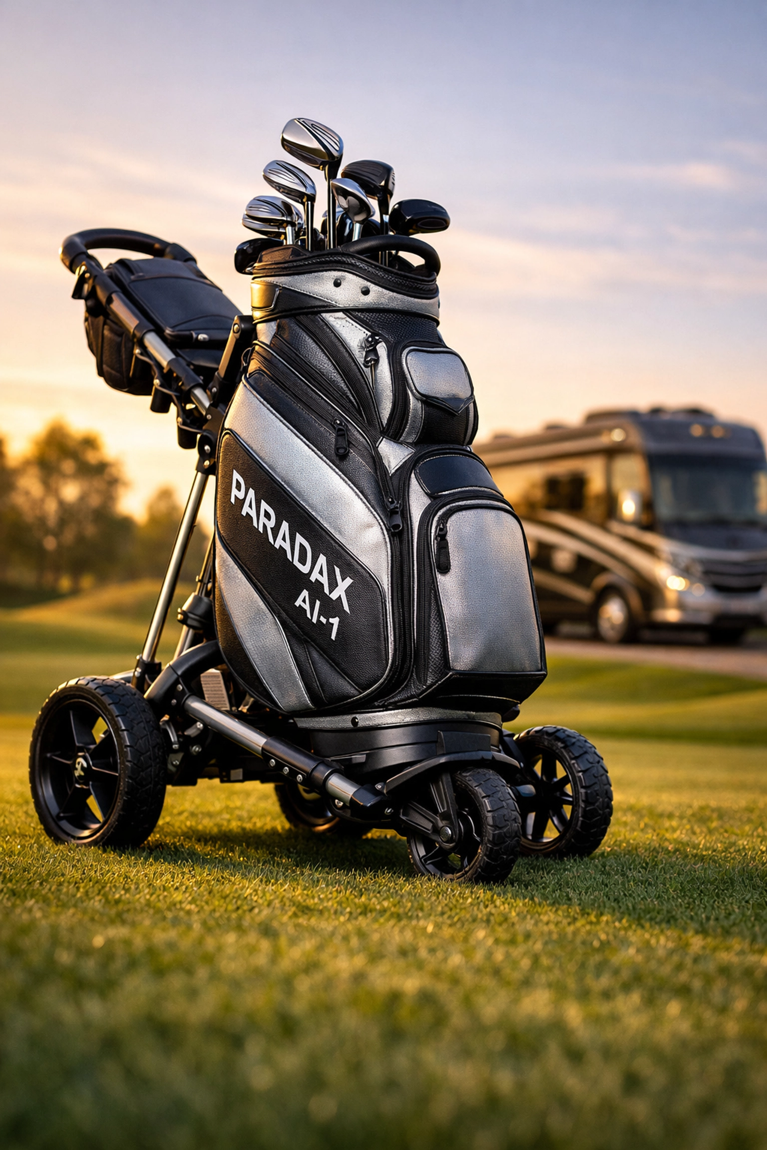 PARADAX Golf AI-1 all in one push golf bag with wheels on a fairway with a luxury RV in the background.