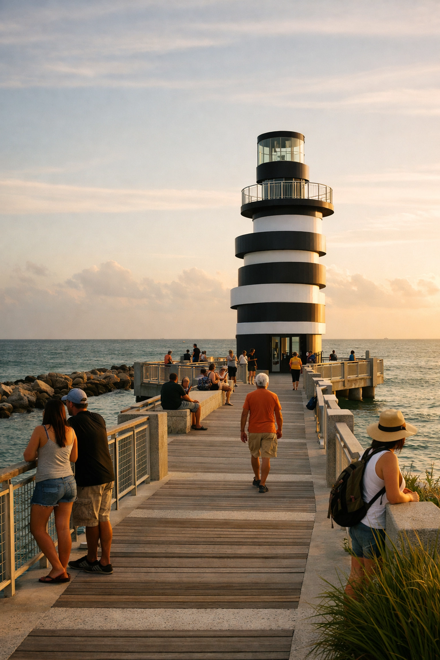 The modern lighthouse pier at South Pointe Park during golden hour in Miami.