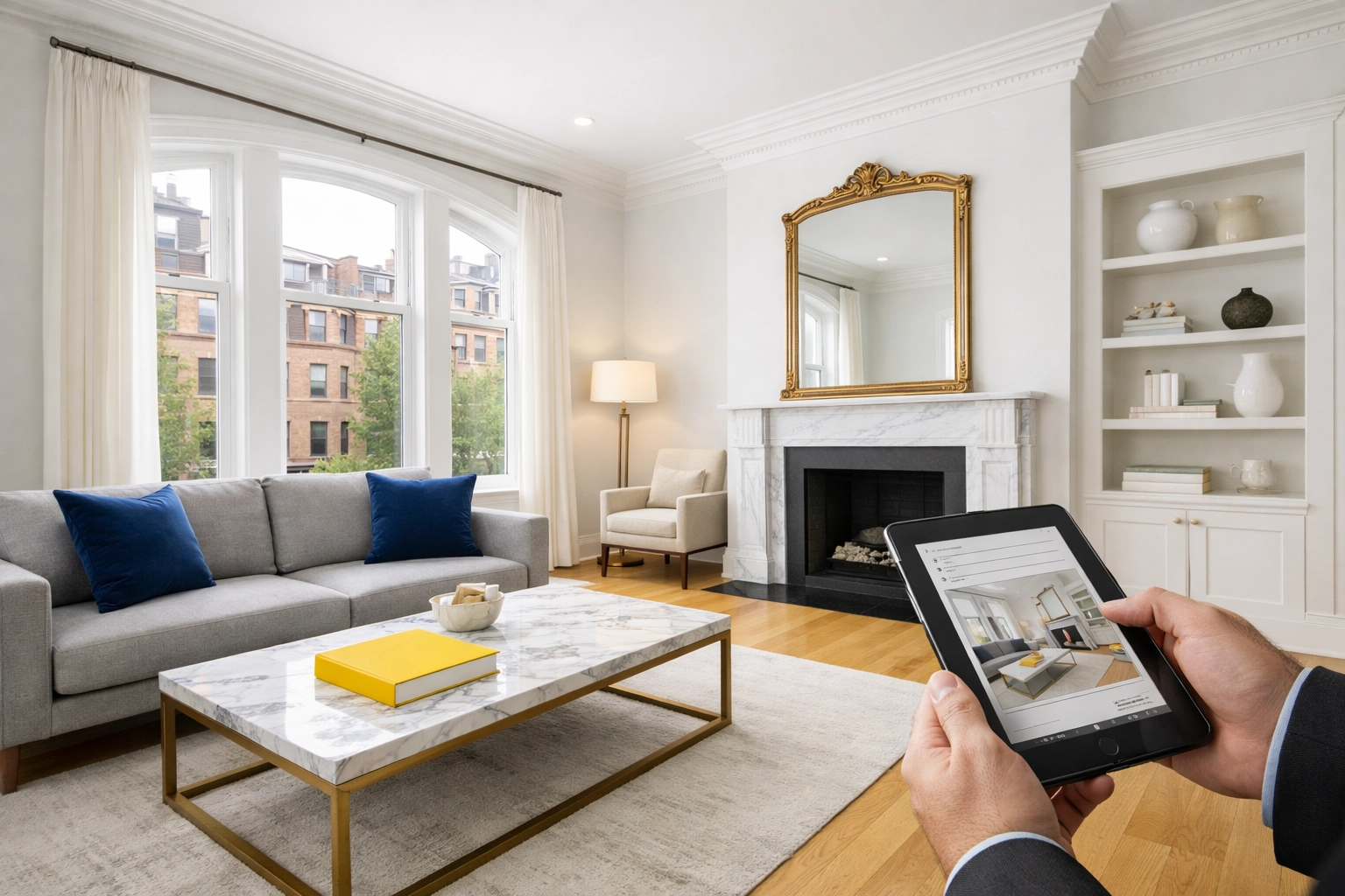 Professional inspection of a luxury Boston apartment turnover with polished hardwood floors and white walls.