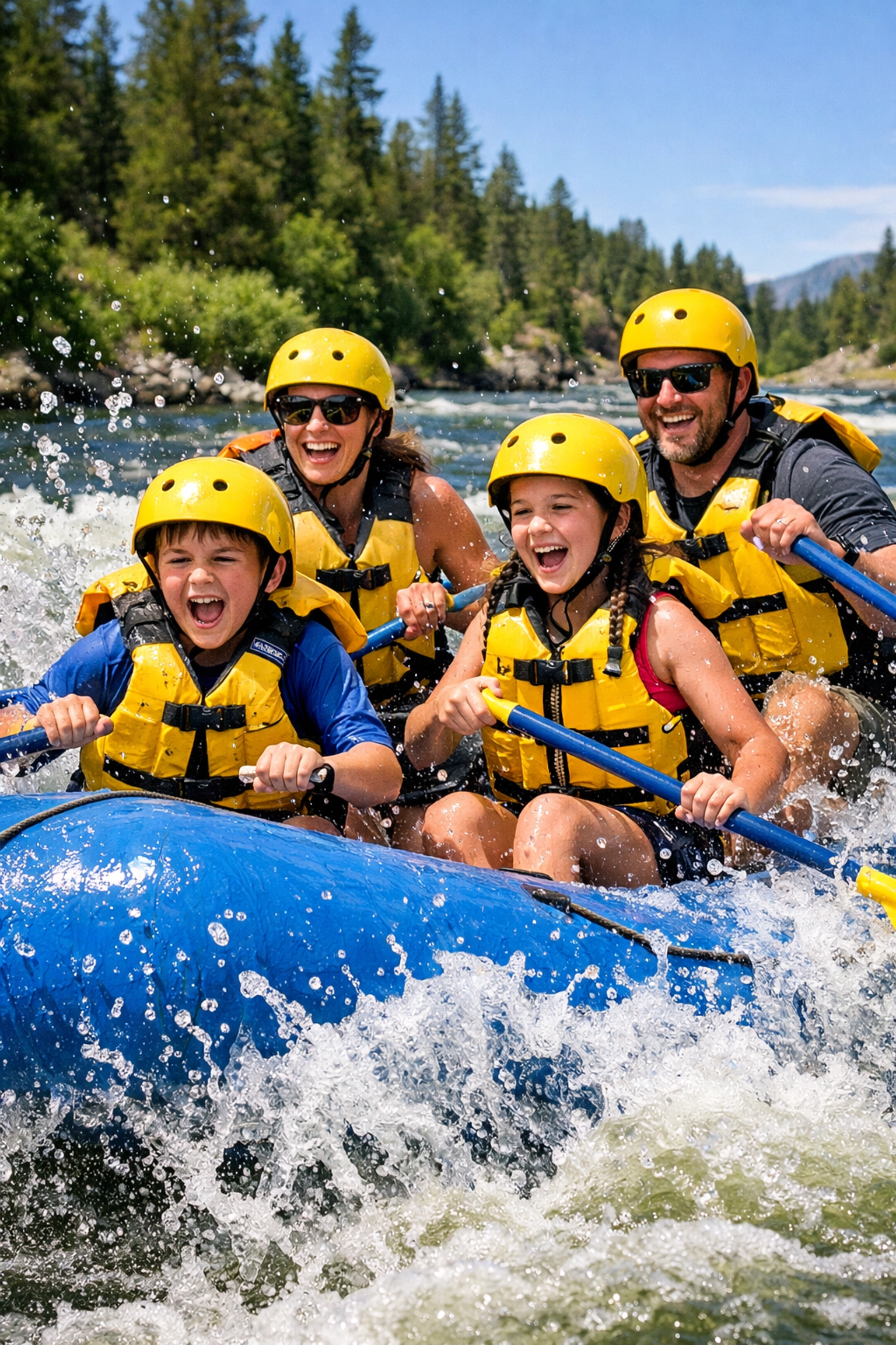 Excited family whitewater rafting on the Yellowstone River, an adventurous activity for family vacations.