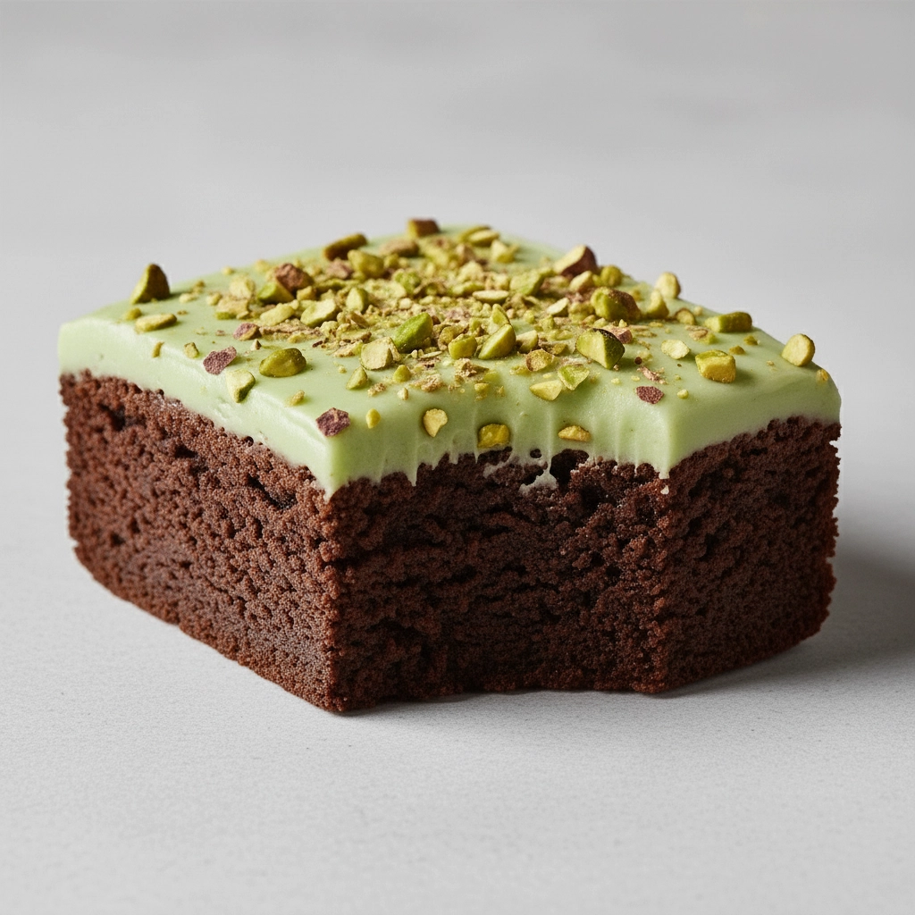 Pistachio icing topped with chopped pistachios on a thick brownie bar — Crumbl Dubai brownie copycat