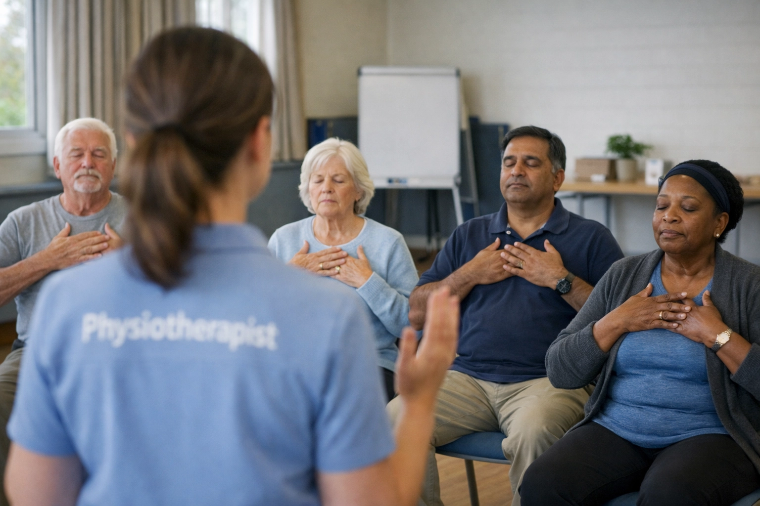 Pulmonary rehabilitation class with patients doing breathing exercises in community setting