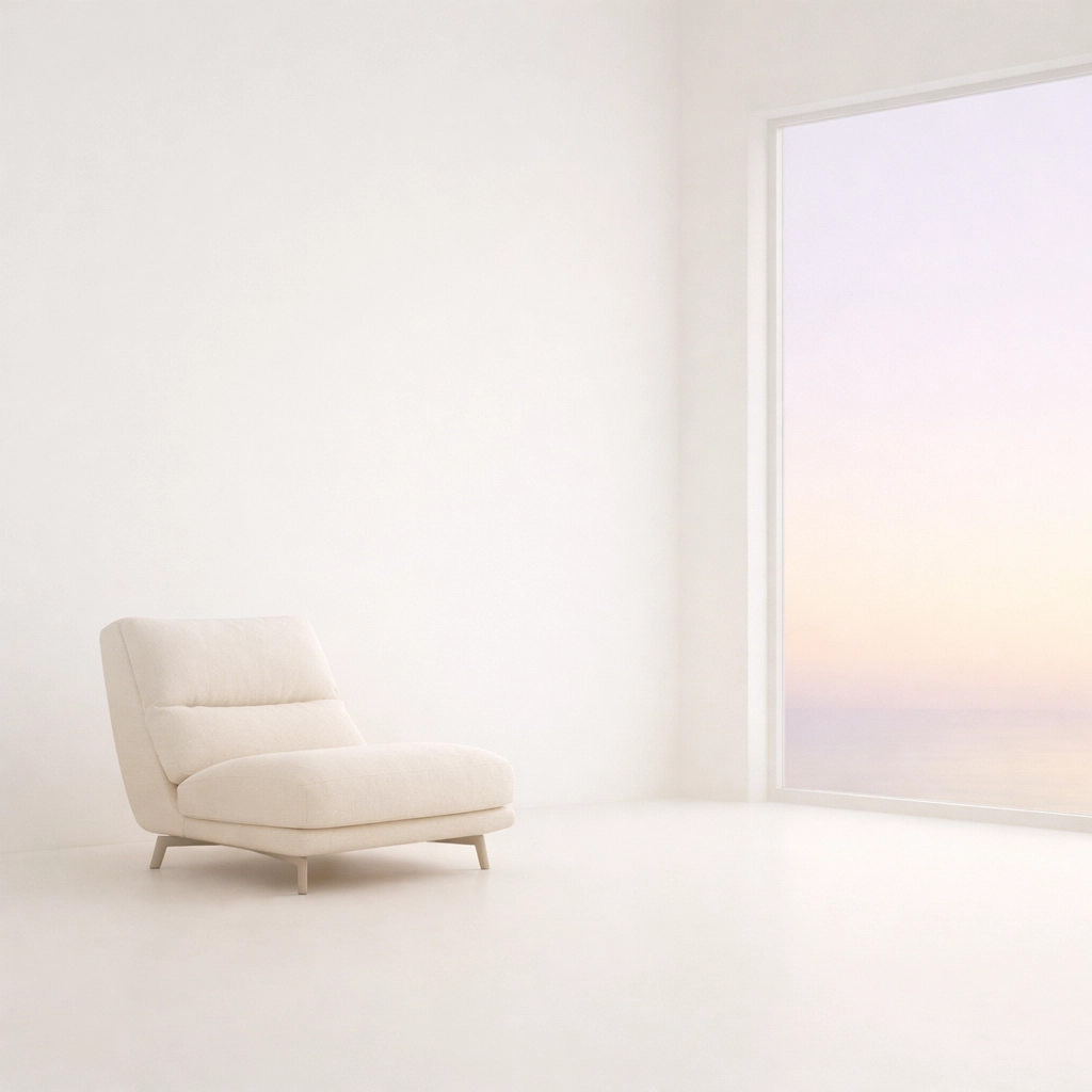 A serene lounge chair in a minimalist room symbolizing rest and reclaiming time for busy LGBTQ executives.