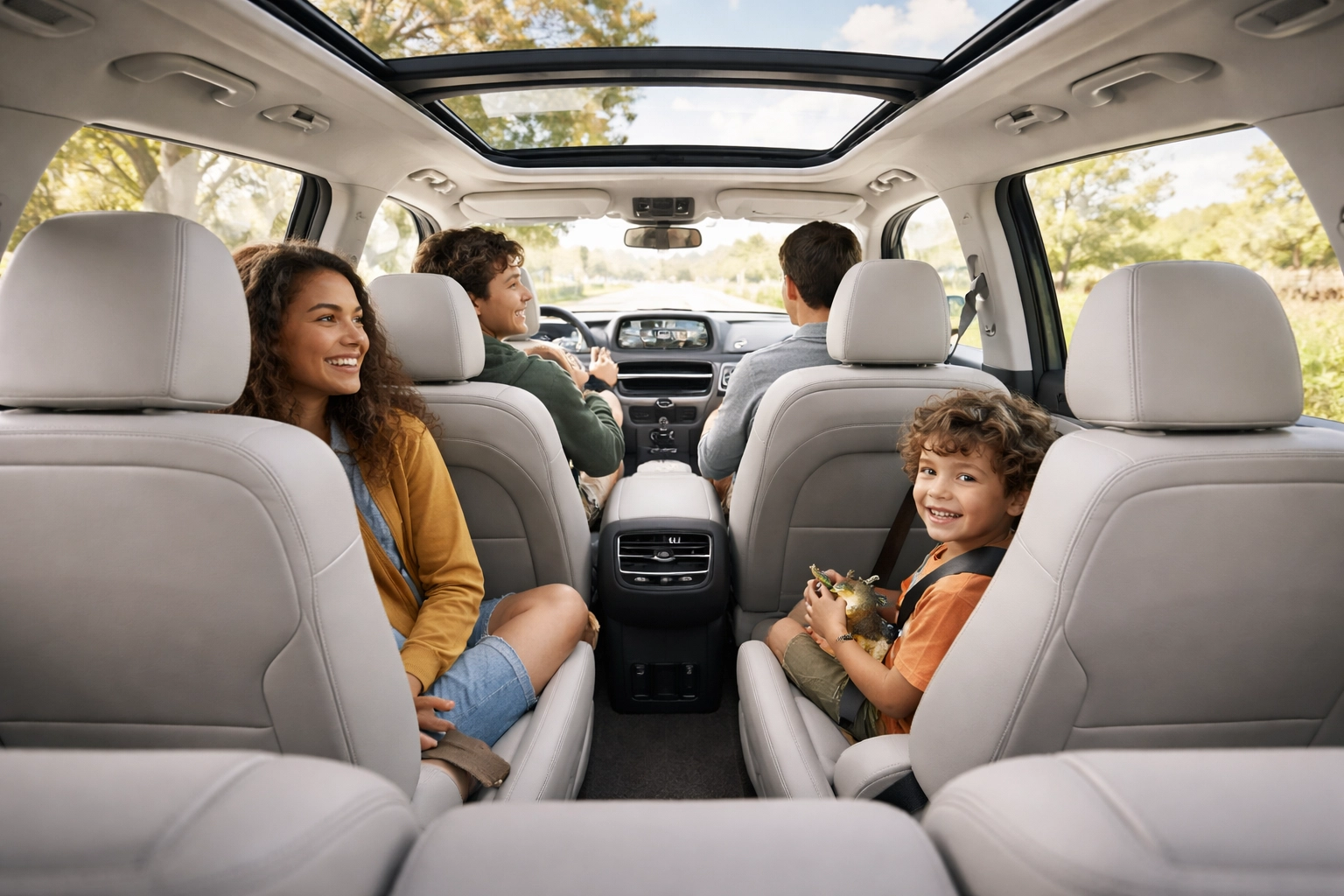 Spacious 2025 Kia Telluride interior with diverse Sacramento family, three-row seating and premium comfort features
