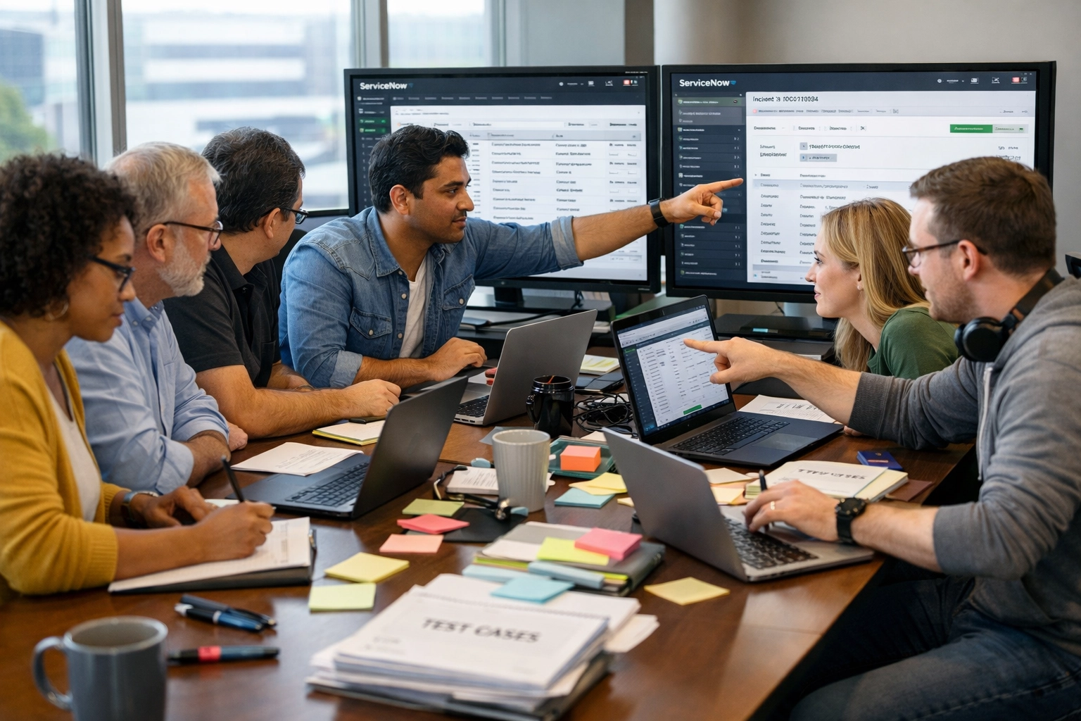 IT professionals collaborating on ServiceNow ITOM training and testing implementation