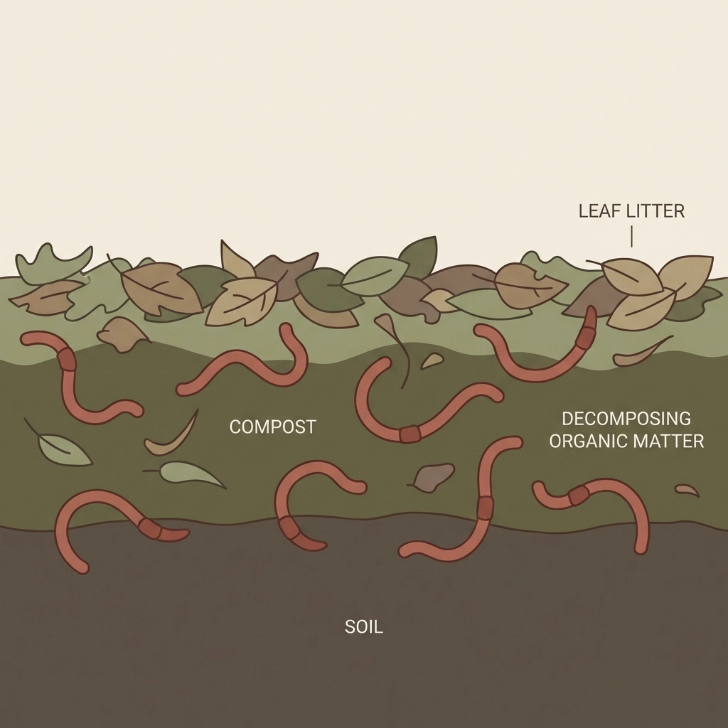 Illustrated red wiggler worms in soil layers, feeding and creating compost in a healthy worm bin