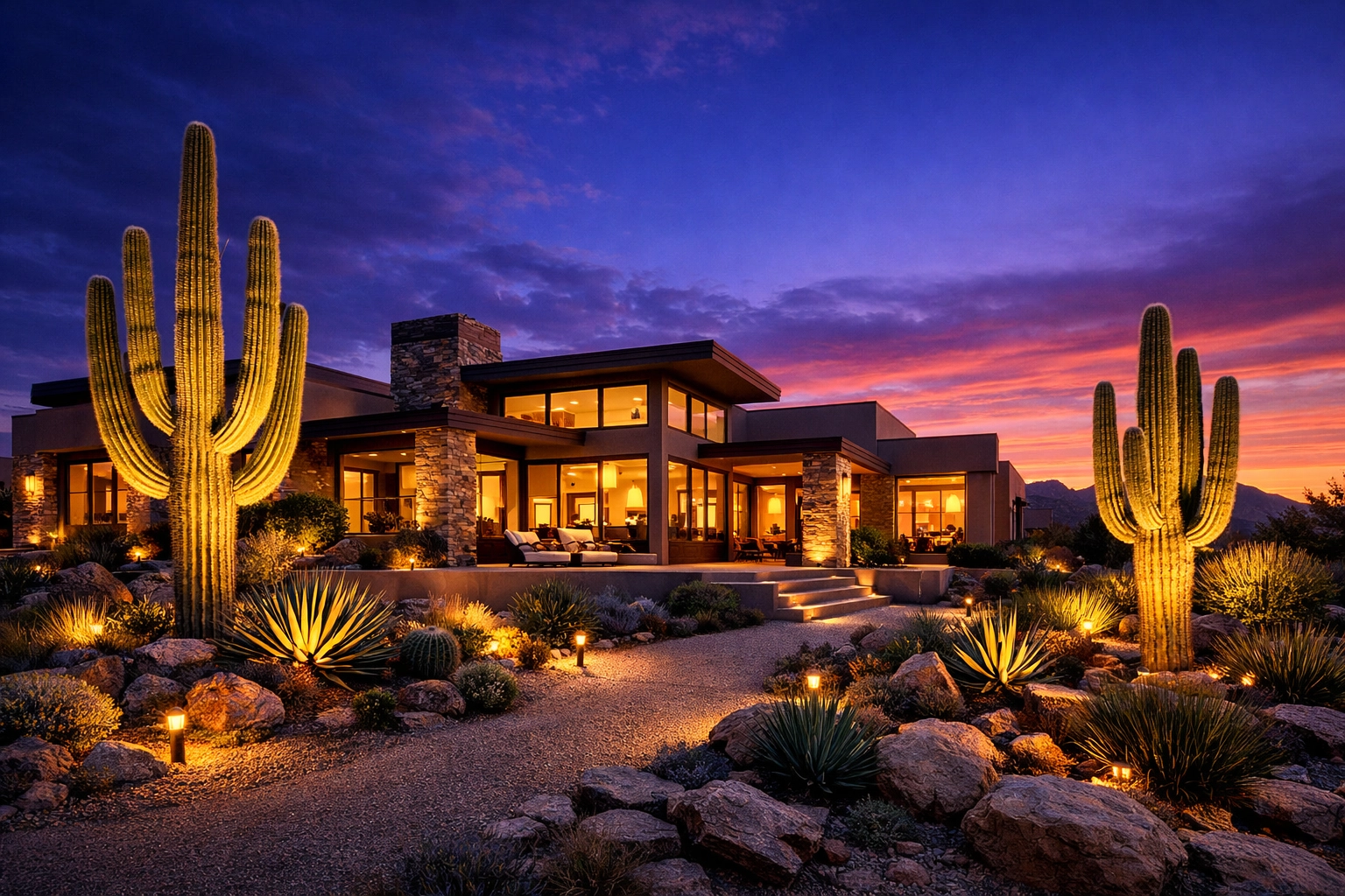 Modern Phoenix home at twilight, illustrating the goal of affordable and sustainable homeownership.