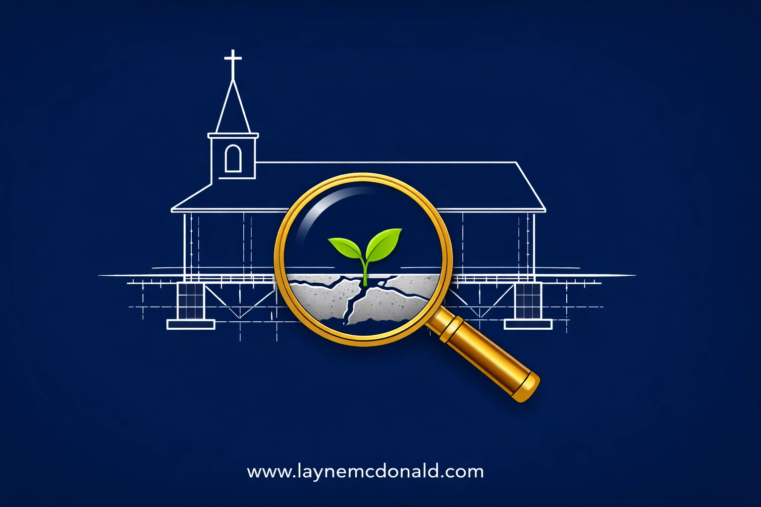 Magnifying glass over a church foundation blueprint representing spiritual growth and healthy culture diagnostic.