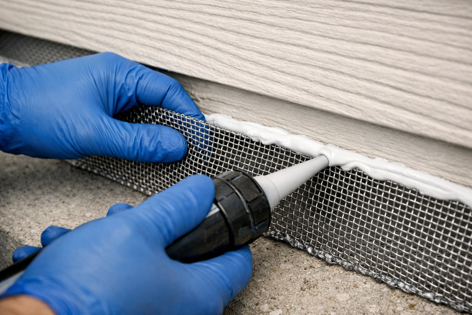 Technician installing steel mesh to seal rodent entry points, part of professional rodent control Westchester NY.