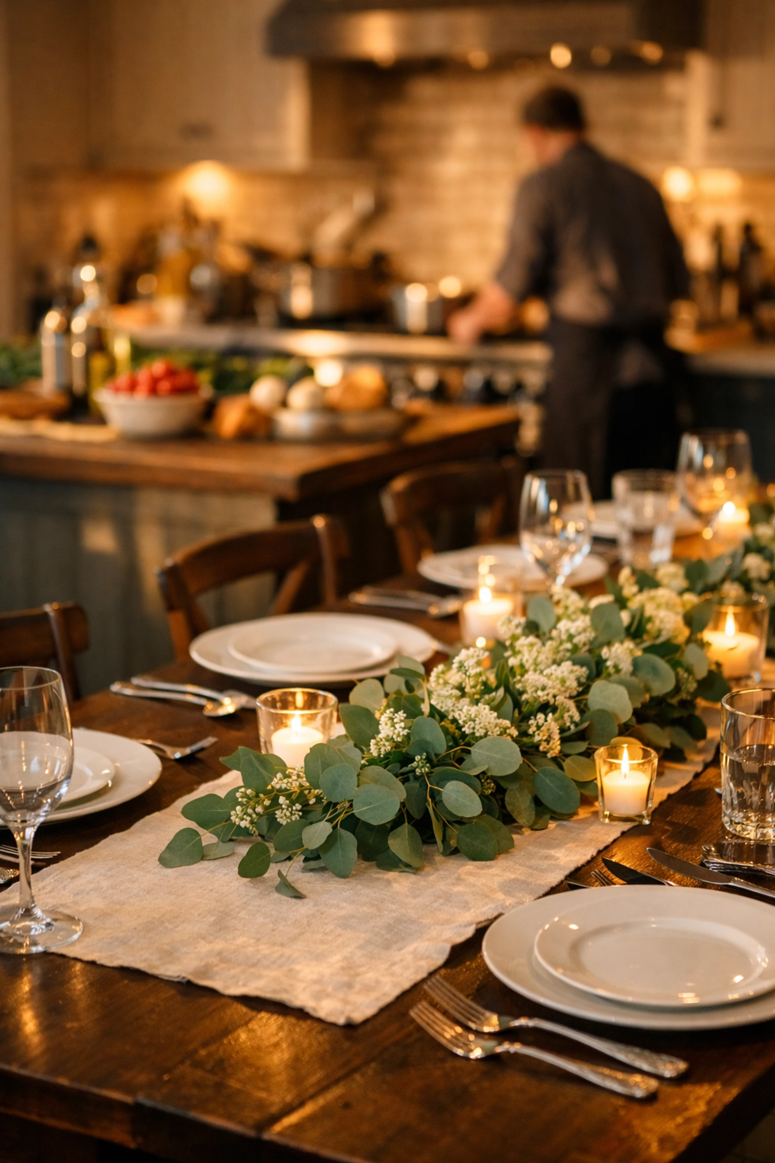 An intimate dinner party table setting with a professional kitchen prepared for a personal chef experience.