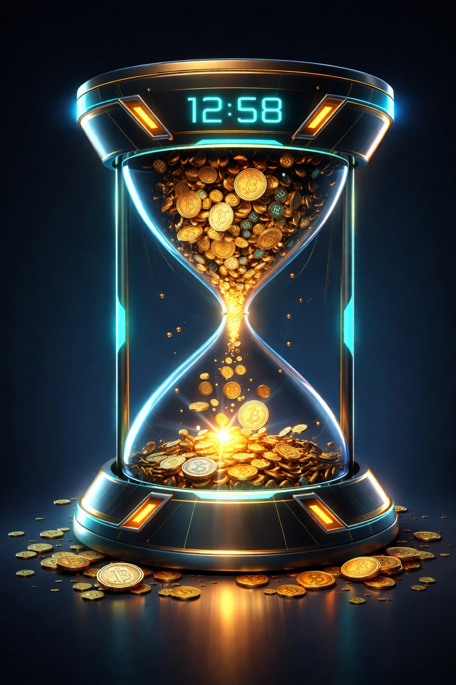 Illustration of cryptocurrency coins draining through an hourglass, symbolizing hidden payment processing fees for merchants.