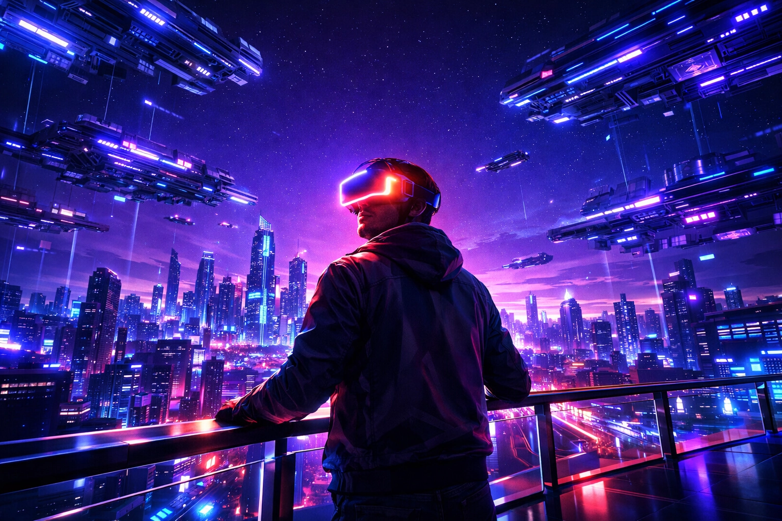 Employee wearing VR headset looking at a futuristic city representing the future of corporate training.