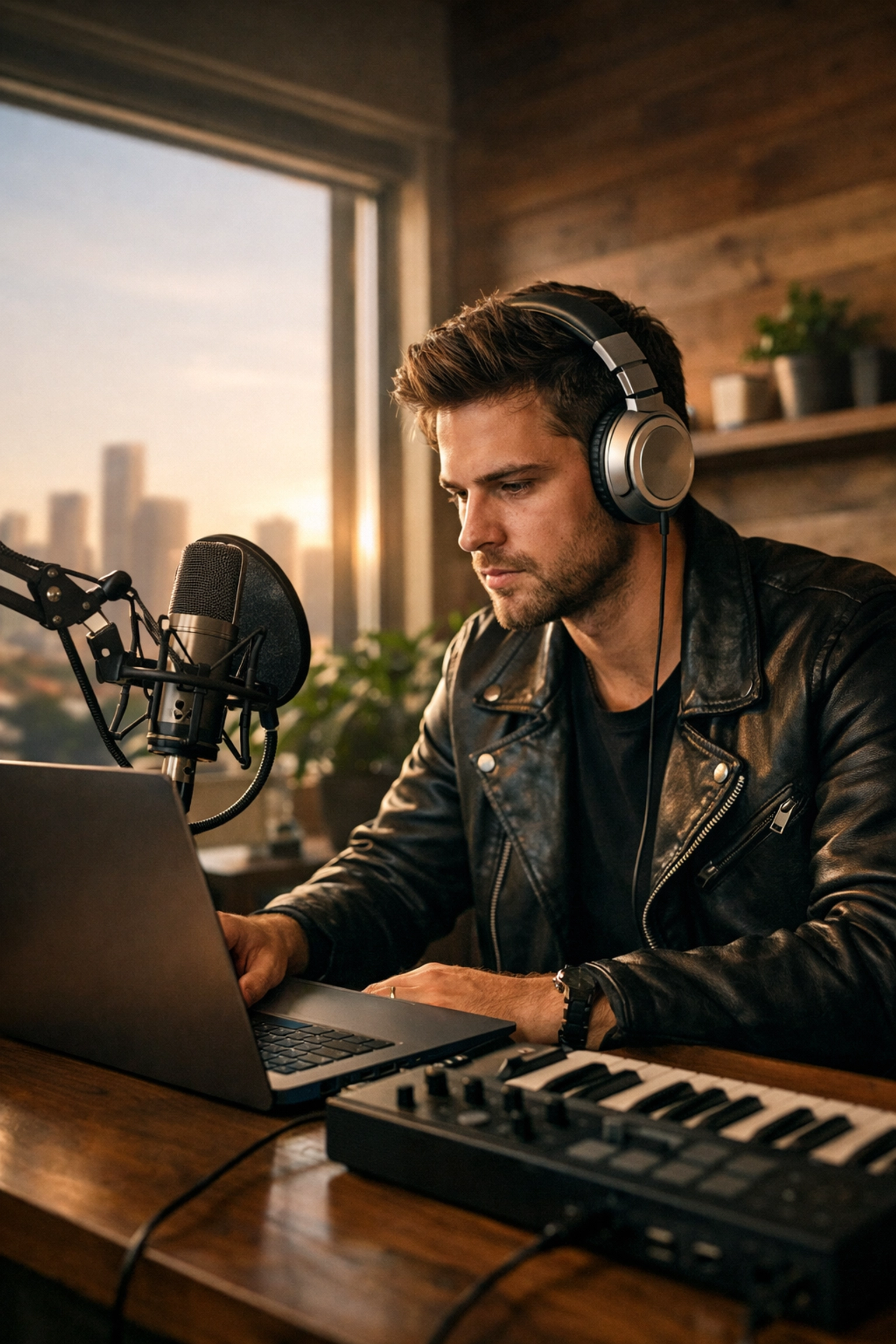 A DIY artist using AI tools in a modern home studio with a laptop and professional recording equipment.