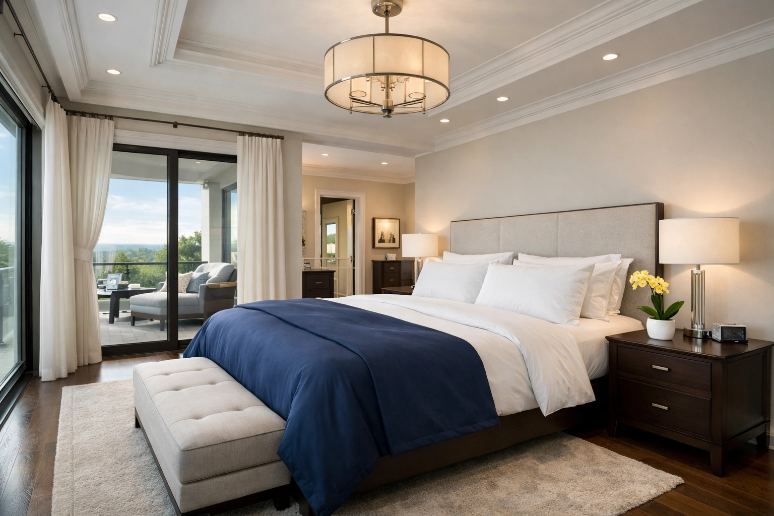 Serene Wellesley bedroom with a pristine, dust-free interior after eco-friendly house cleaning.