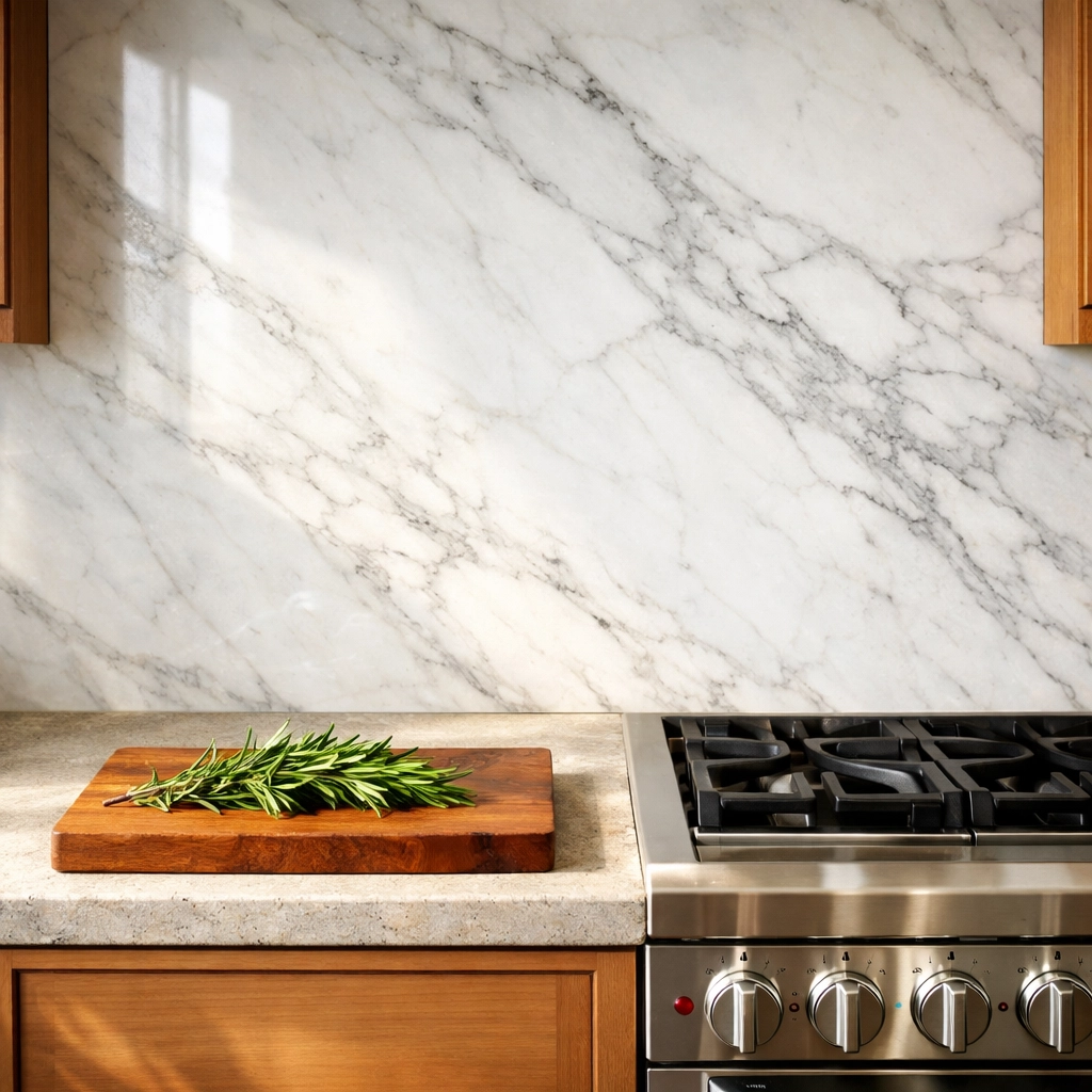 White marble slab backsplash in a functional Bay Village kitchen remodel with a stainless steel range.
