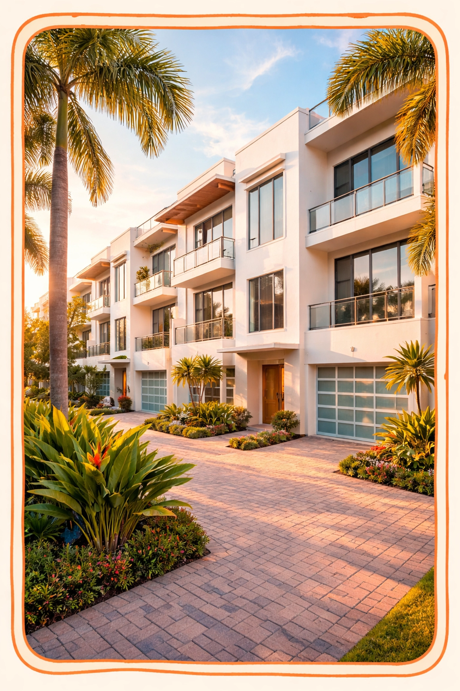 Contemporary Wilton Manors townhomes with white facades, garages, and lush tropical landscaping in Florida.