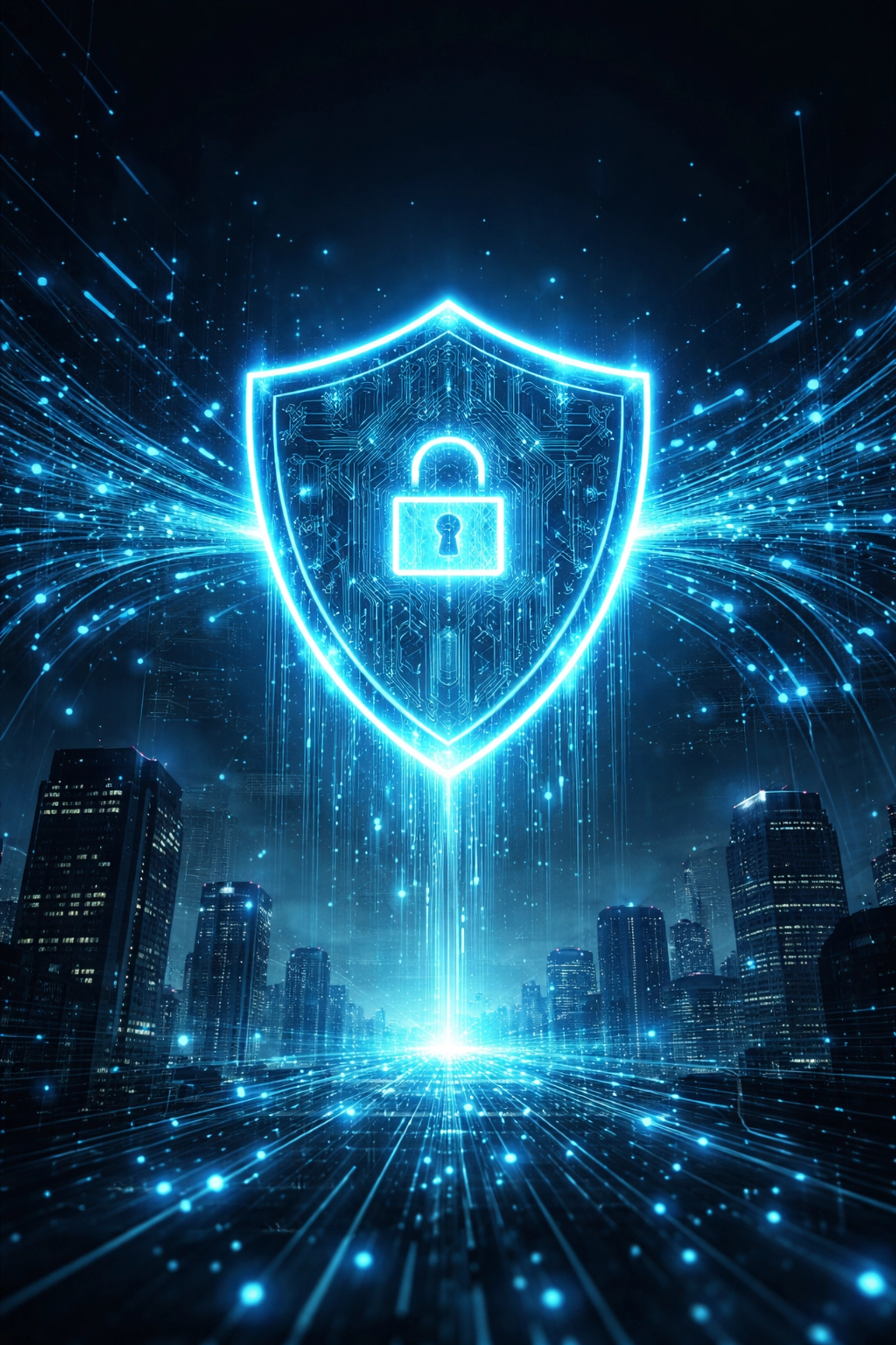 Futuristic digital shield representing managed cybersecurity protecting a business from cyber threats at night