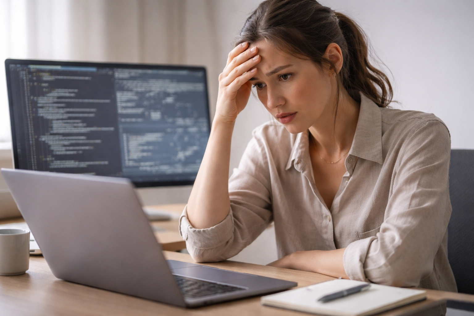 Frustrated small business owner overwhelmed by confusing website jargon at a desk in a modern office setting