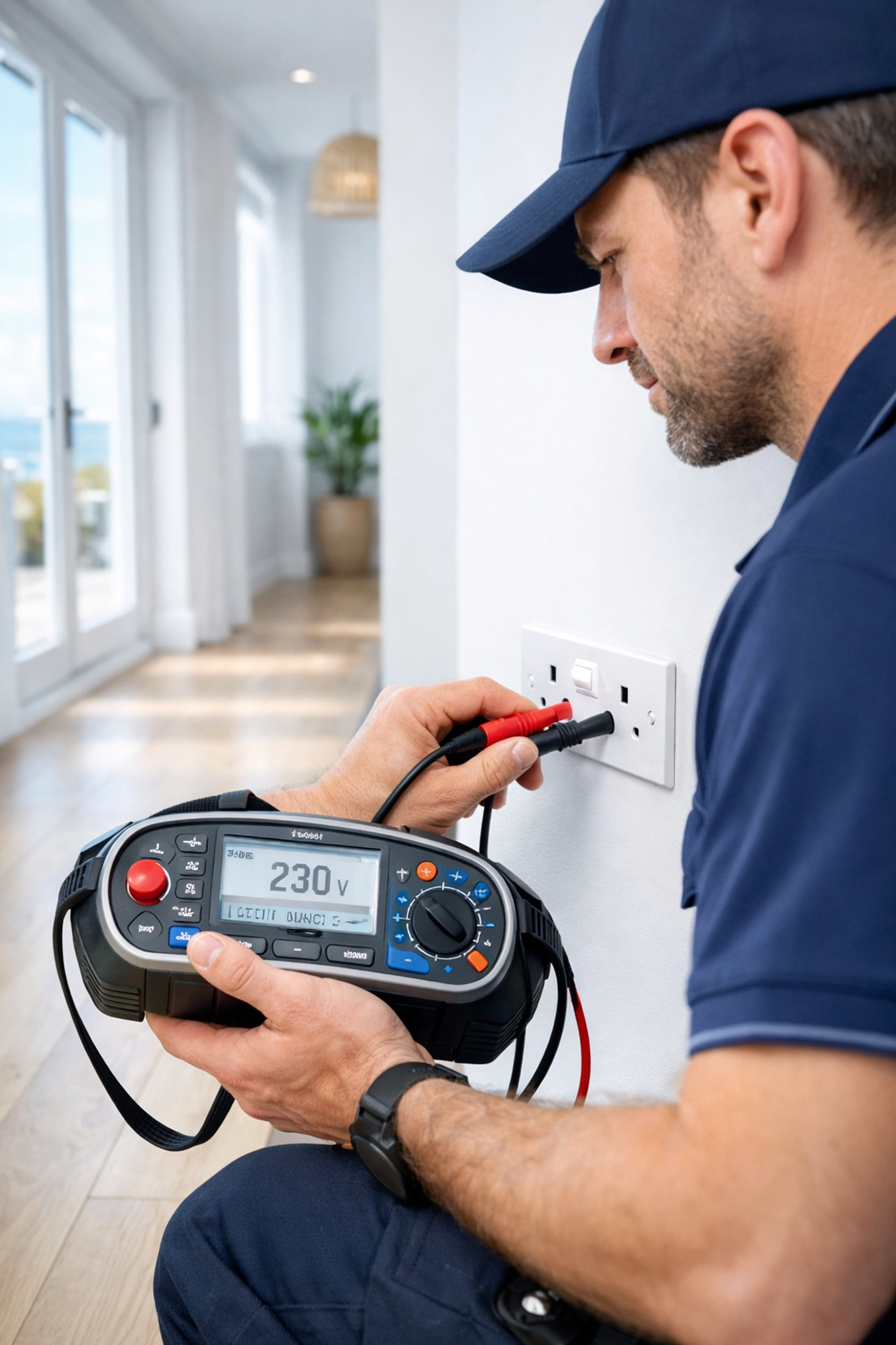 Professional electrician in Dorset conducting an EICR safety inspection for a landlord using a digital tester.