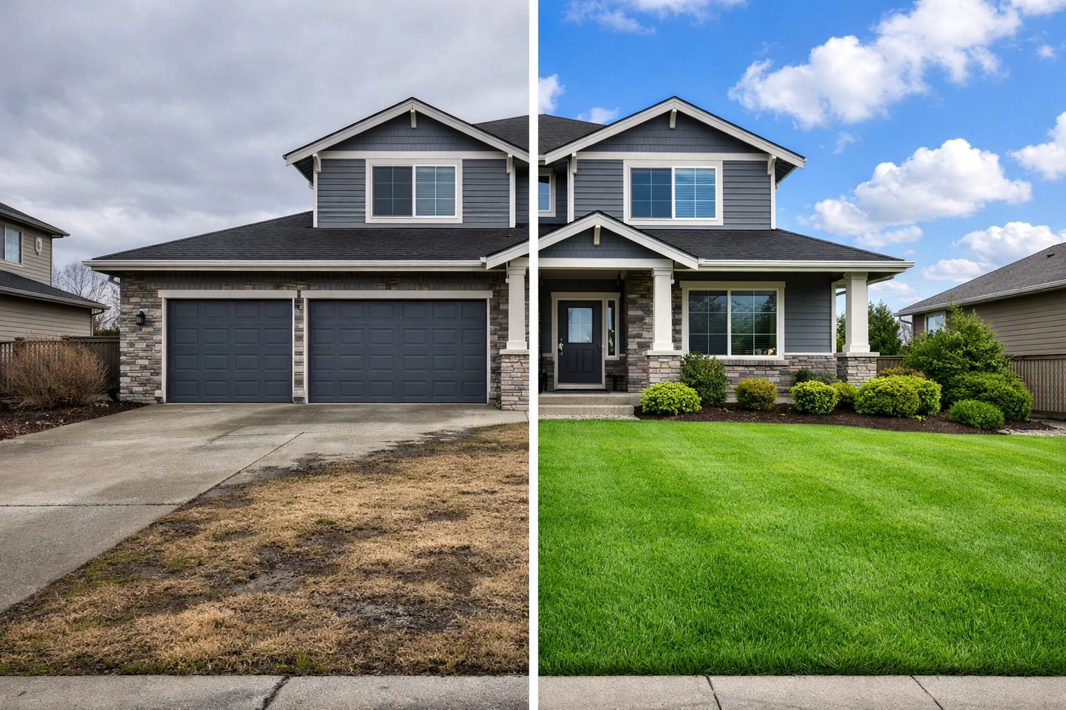 Before and after comparison showing virtual grass enhancement transforming brown lawn to green for real estate listing