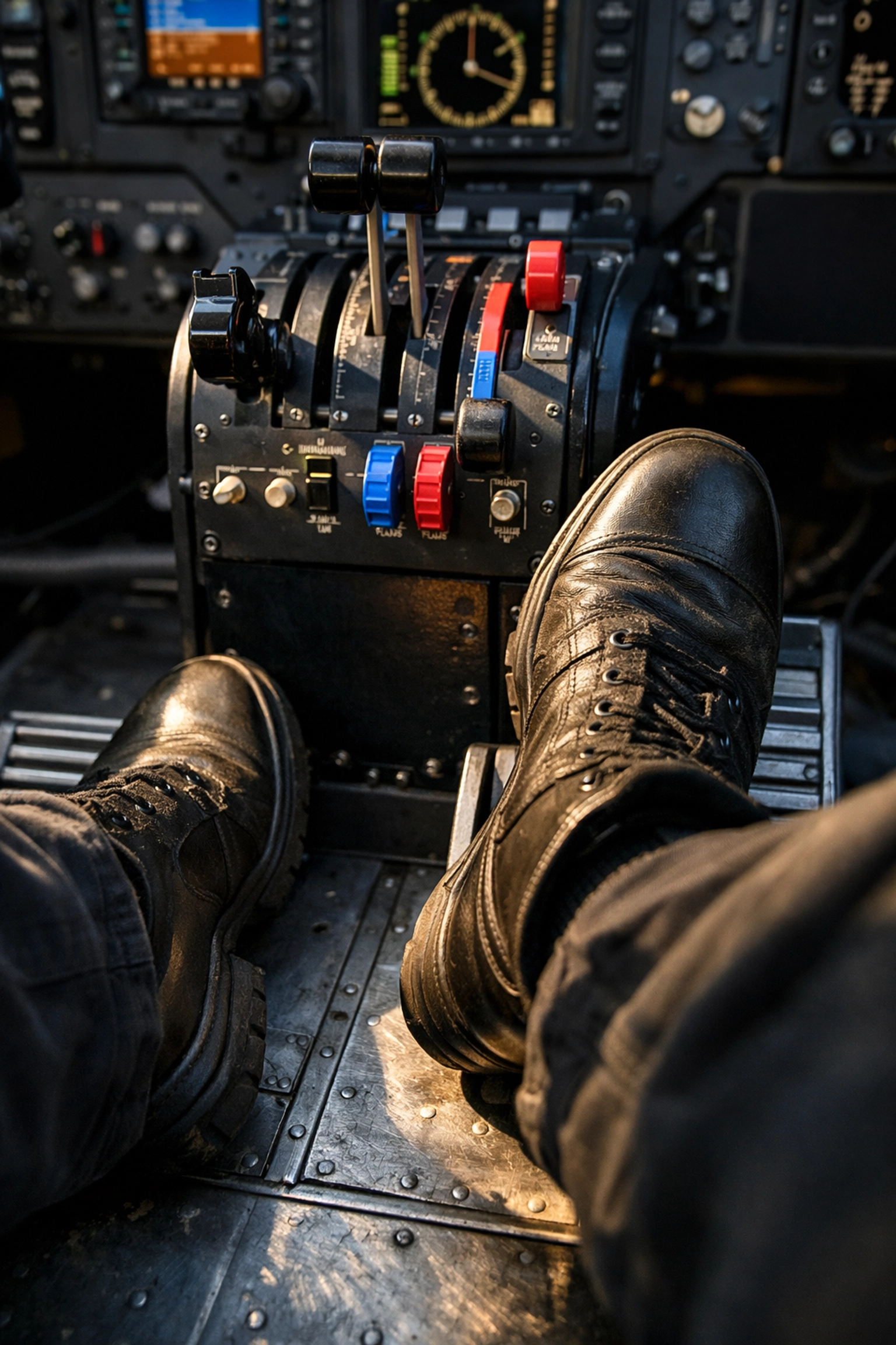 Pilot applying rudder pressure to identify a failed engine during multi-engine flight training.
