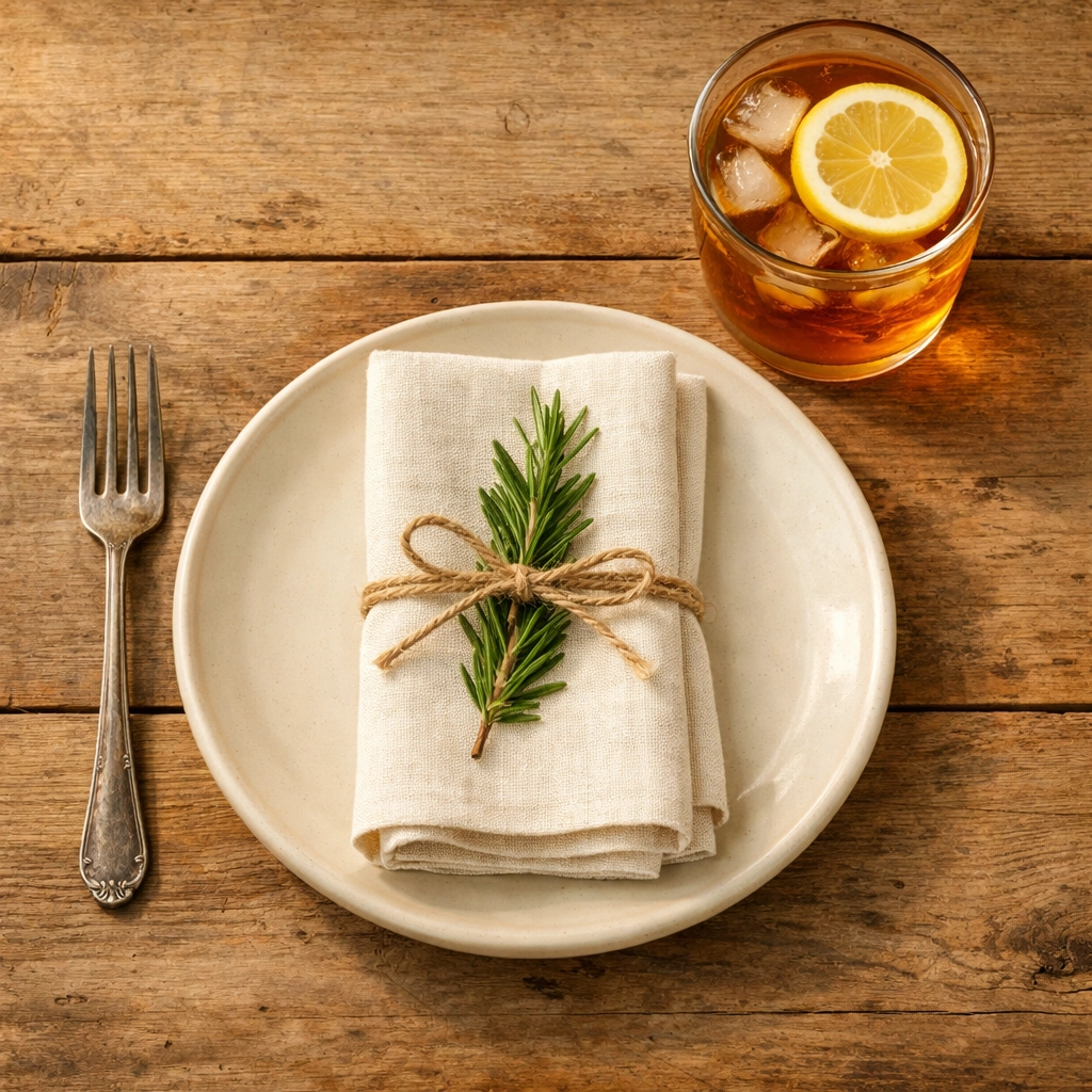 Elegant rustic place setting showcasing warm Southern hospitality for catered events and weddings.