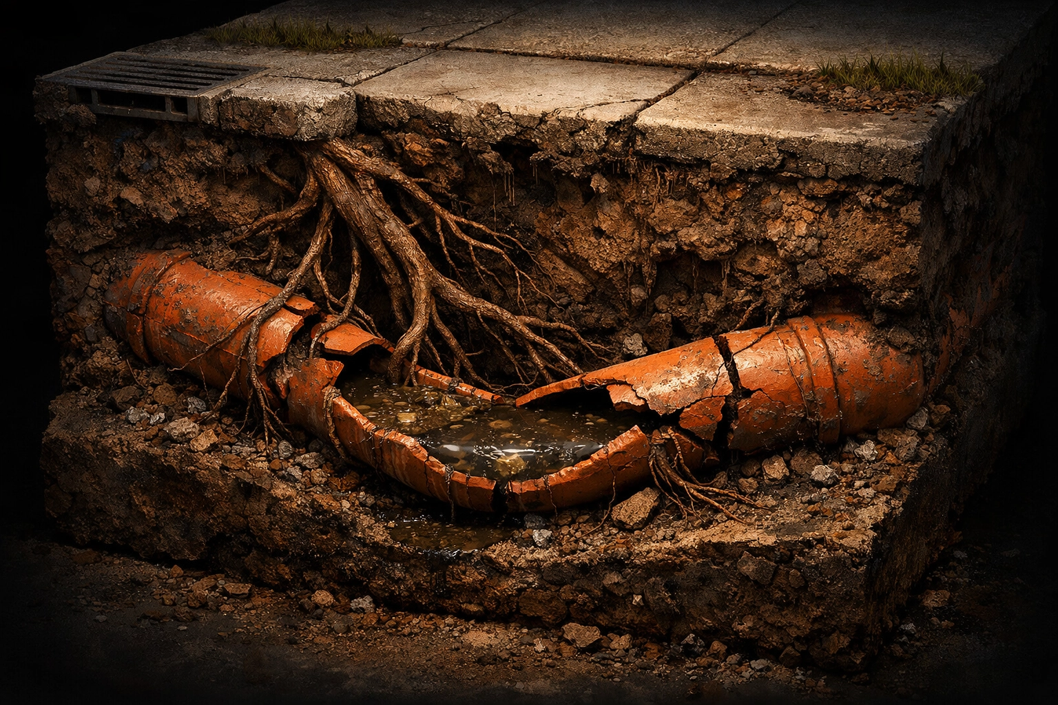 Collapsed clay sewer pipe with tree root intrusion requiring traditional excavation in Denver.