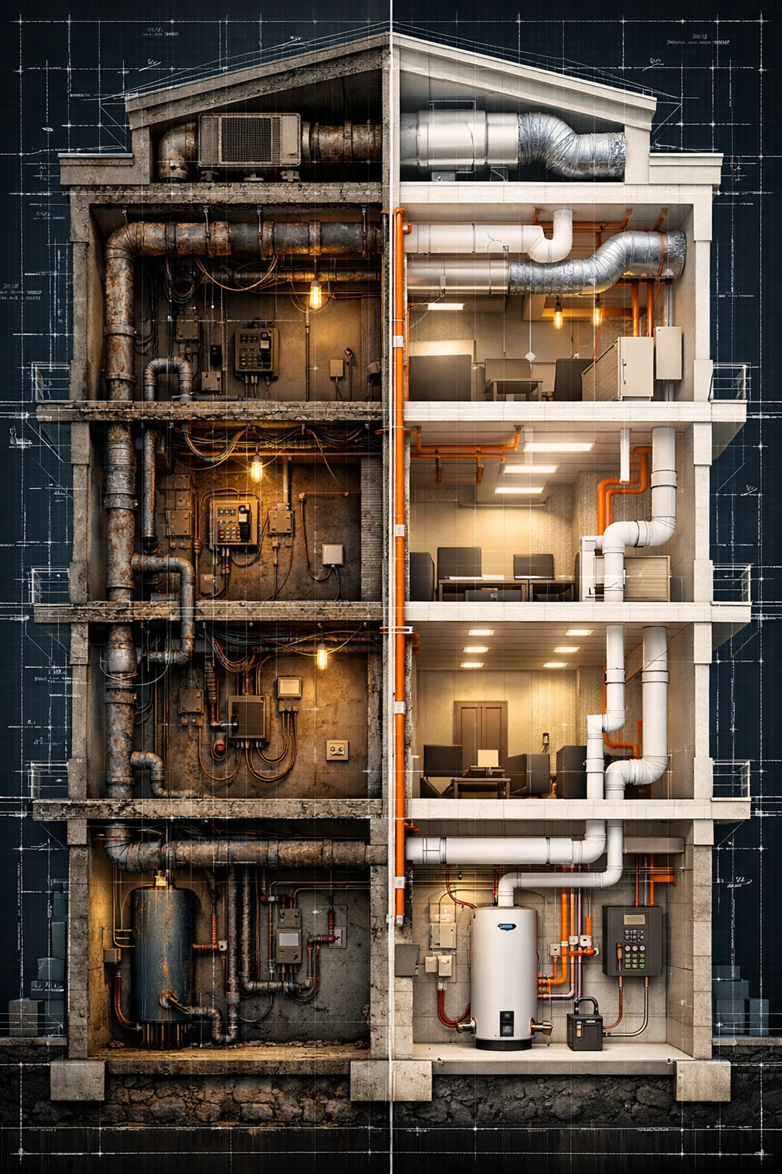 Building infrastructure comparison showing old plumbing and electrical versus modern upgraded systems