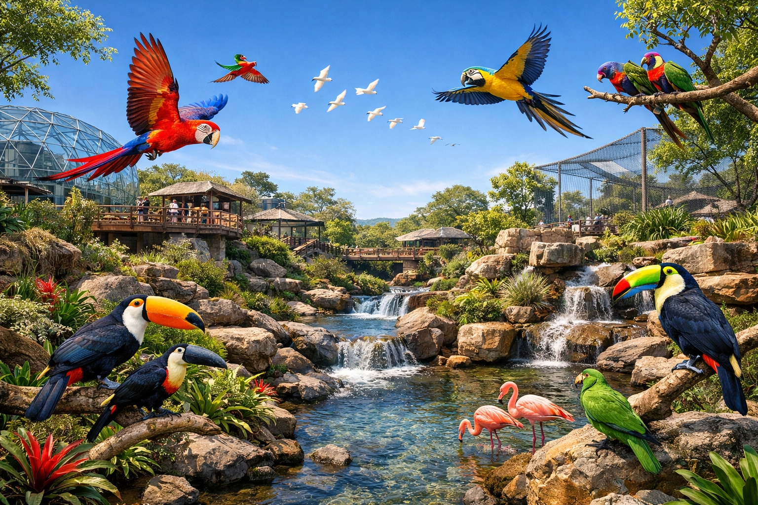 A vibrant, open-concept zoo sanctuary with tropical birds, highlighting successful wildlife conservation efforts.