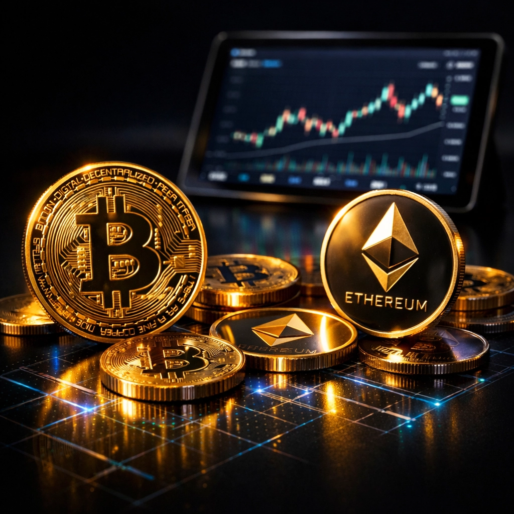 Bitcoin and cryptocurrency coins representing institutional-grade digital asset investments