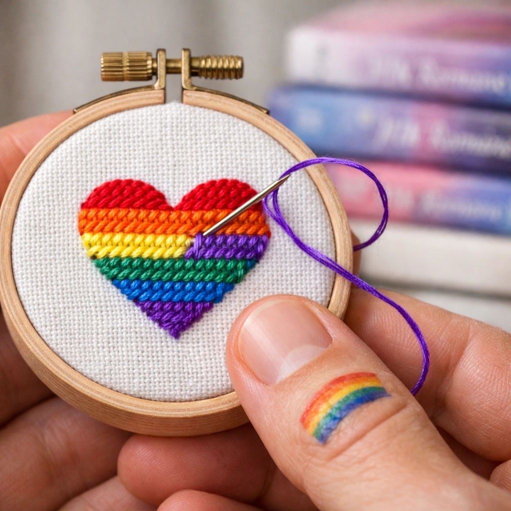A man embroidering a rainbow heart design on fabric next to a stack of MM romance books.