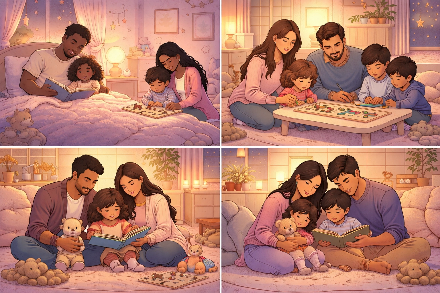 Peaceful bedtime scene with diverse families reading and playing, supporting calming routines to stop bedwetting.